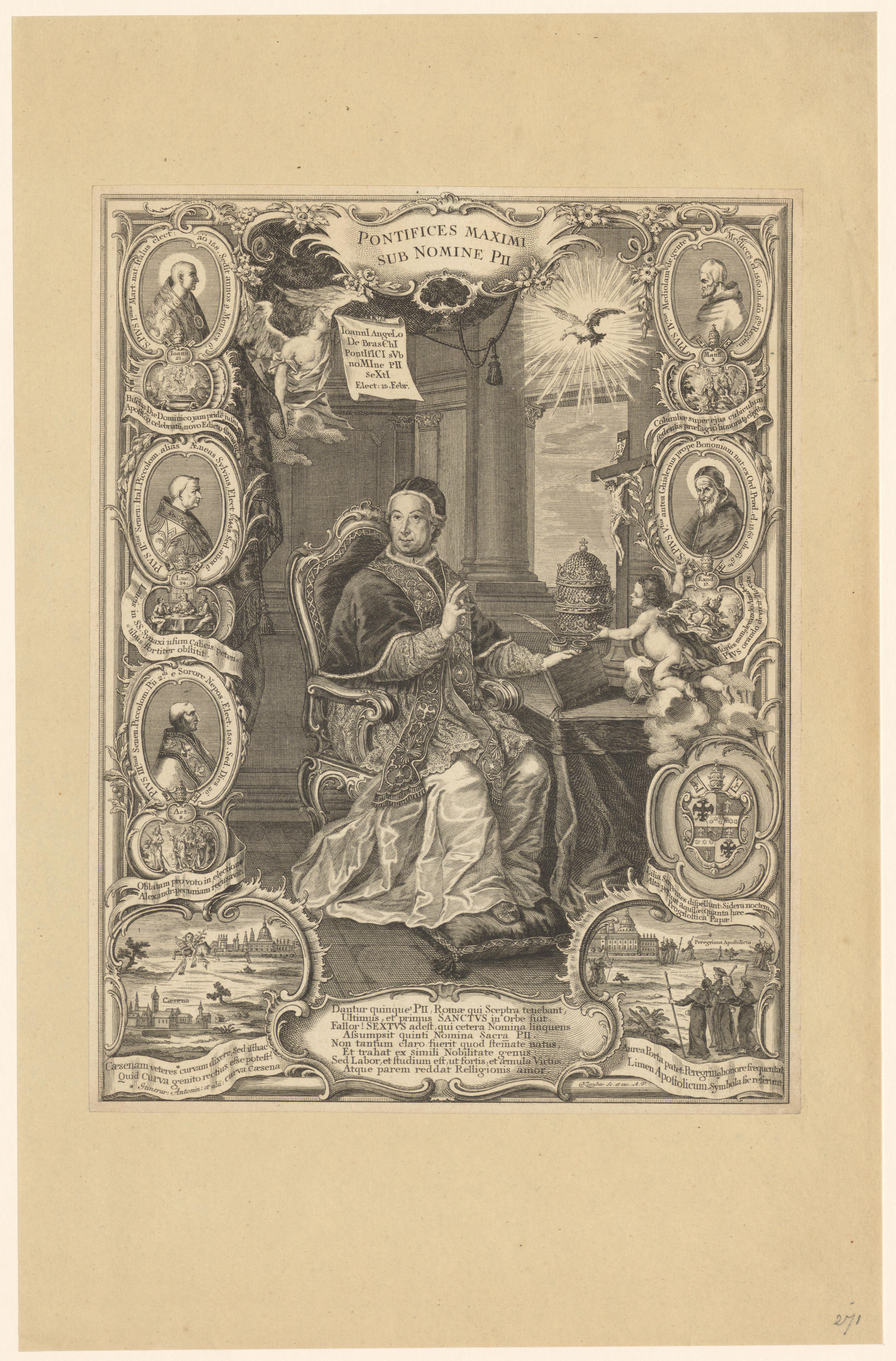 Portret van paus Pius VI omringd door medaillons met portretten van voorgangers