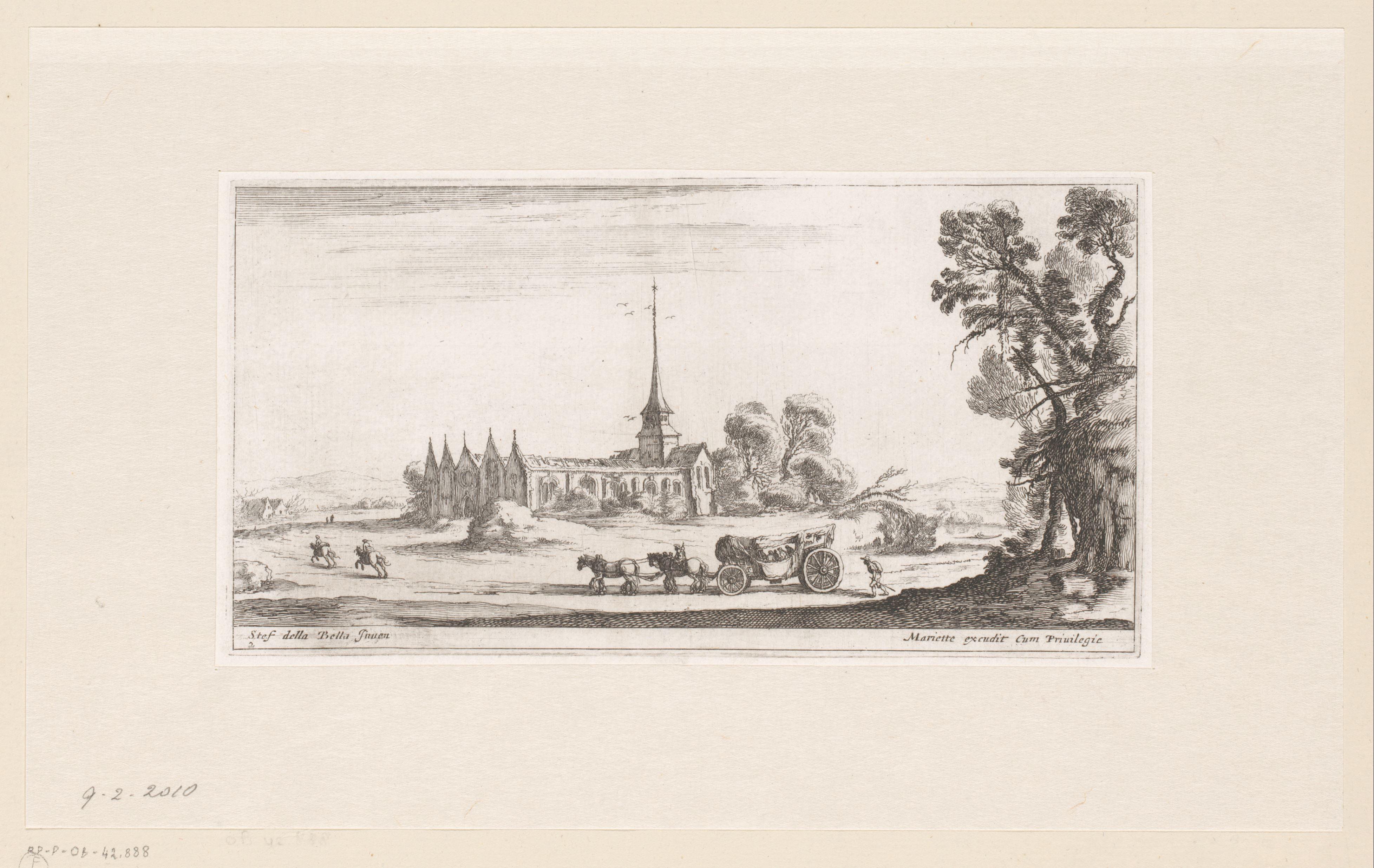 Landschap met kerk en koets