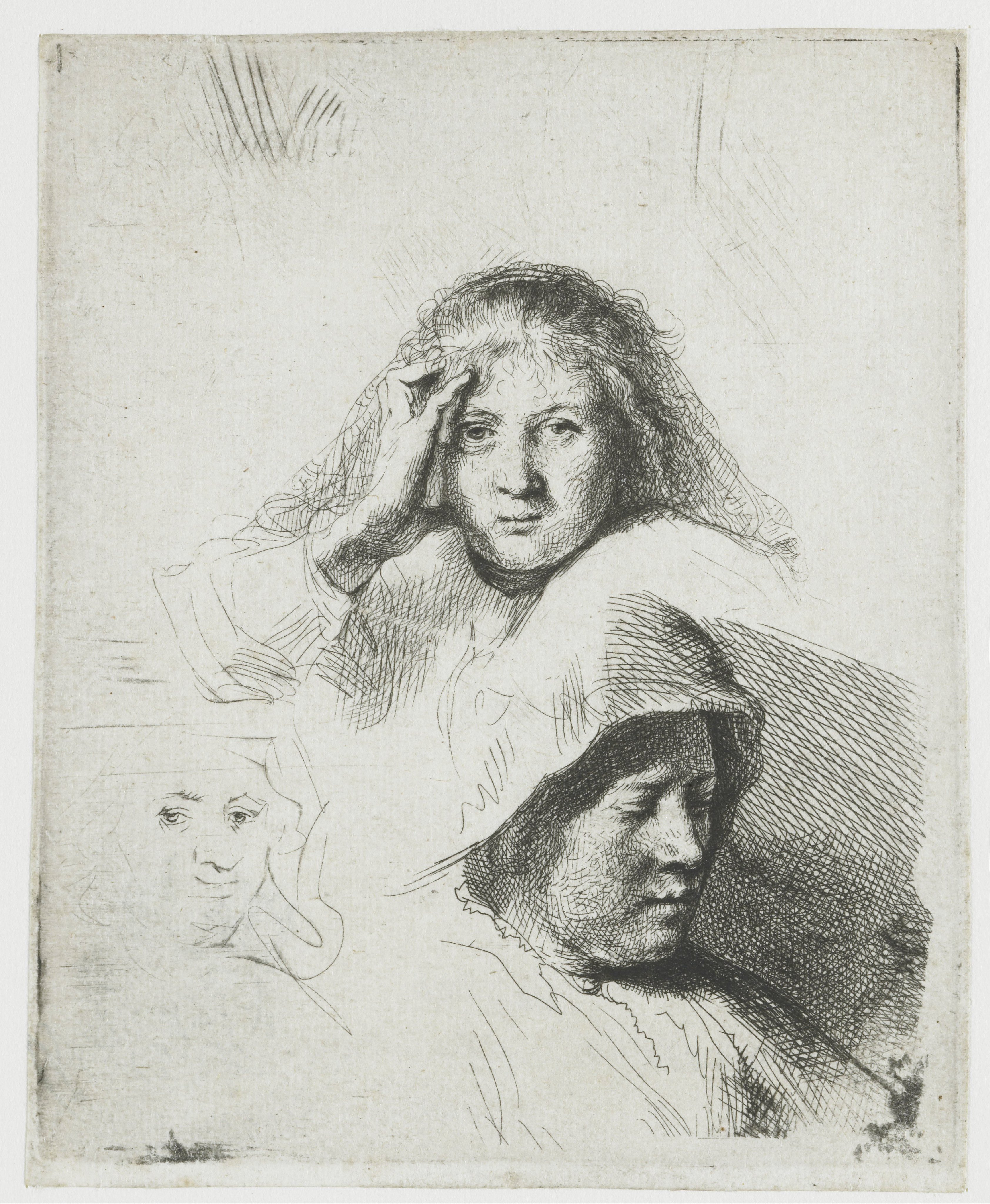 Three heads of women, one lightly etched