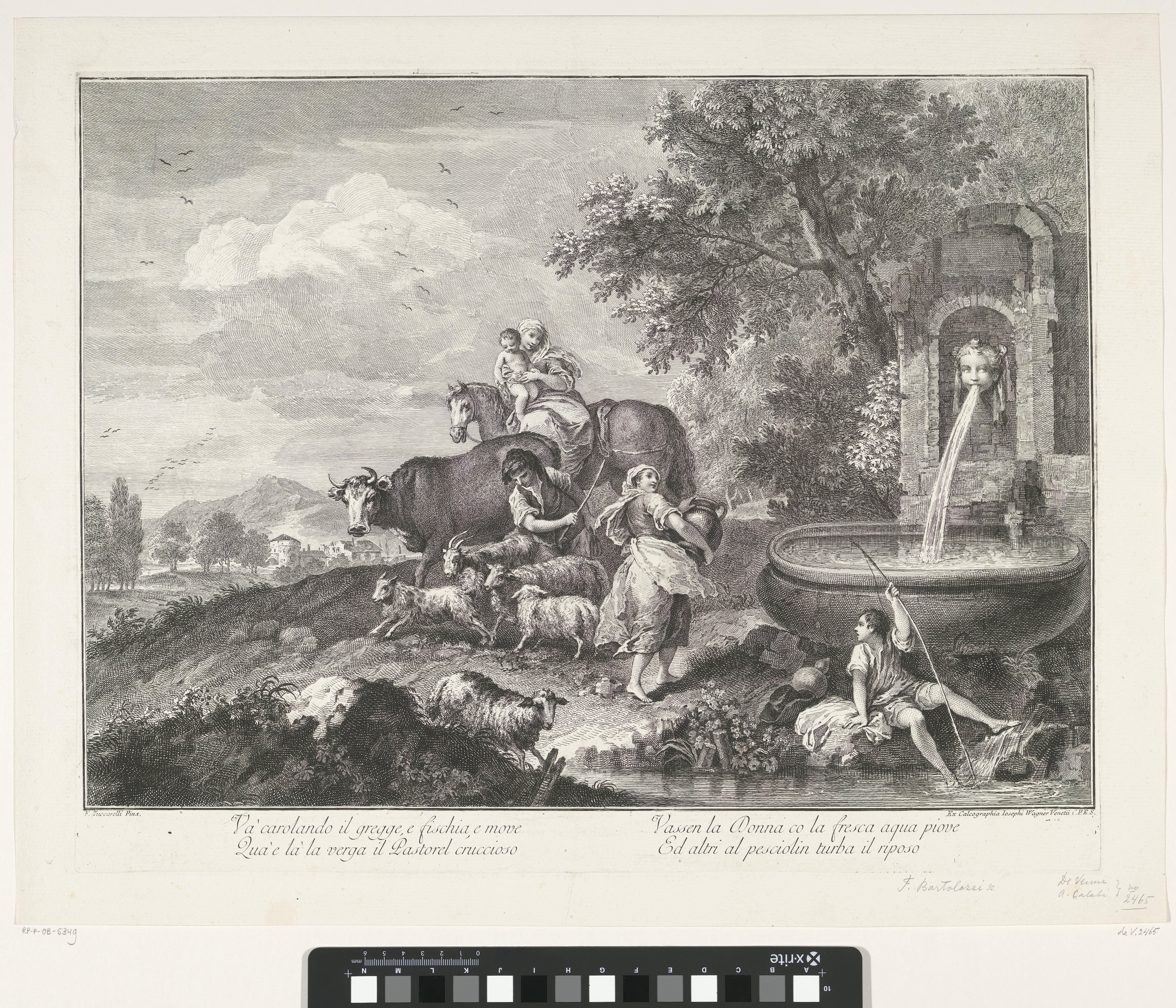 Landschap met herdersfamilie bij waterbassin