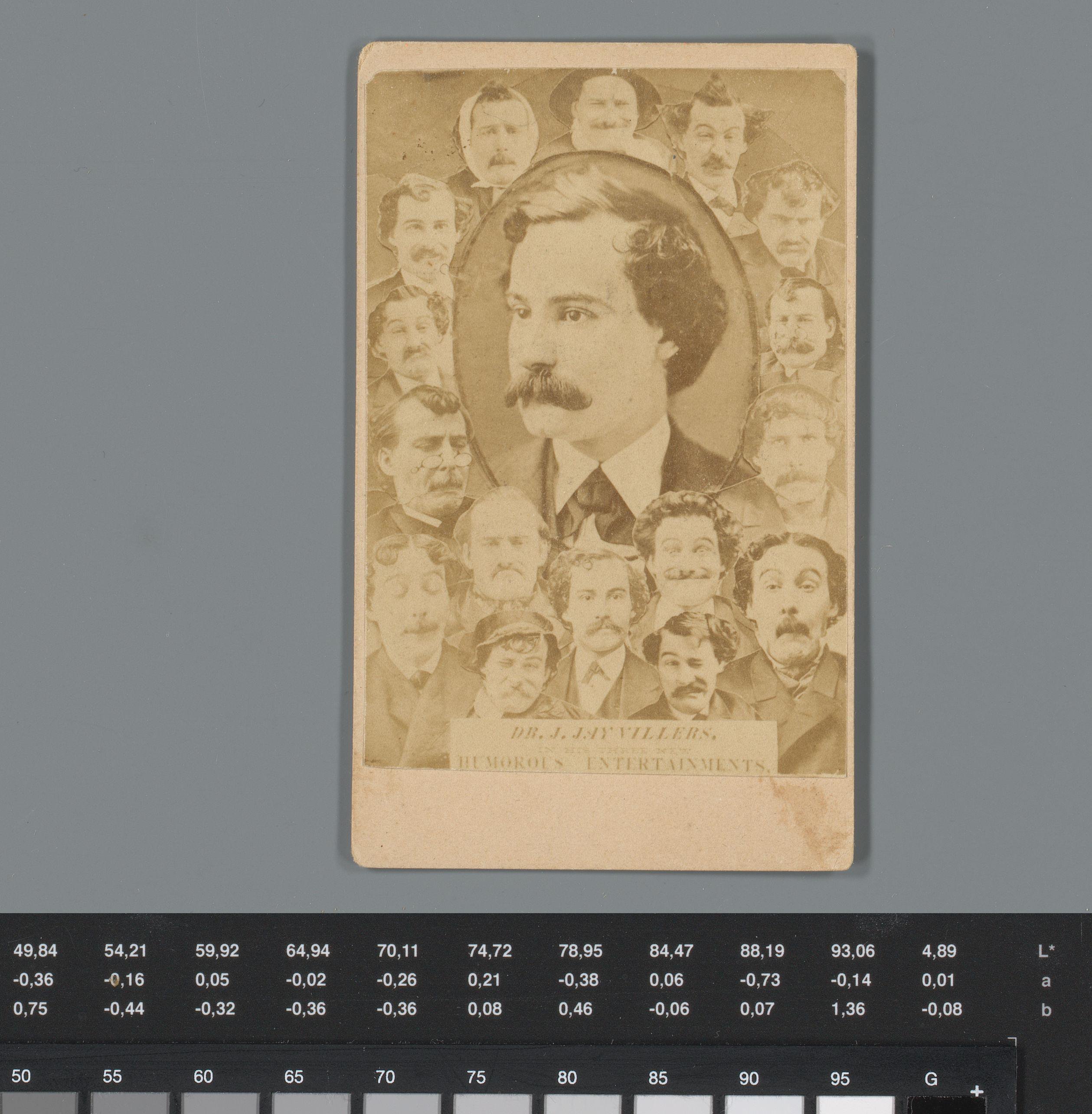 Reclame voor voorstellingen van komiek Joseph Jay Villers met een collage van zijn portretten