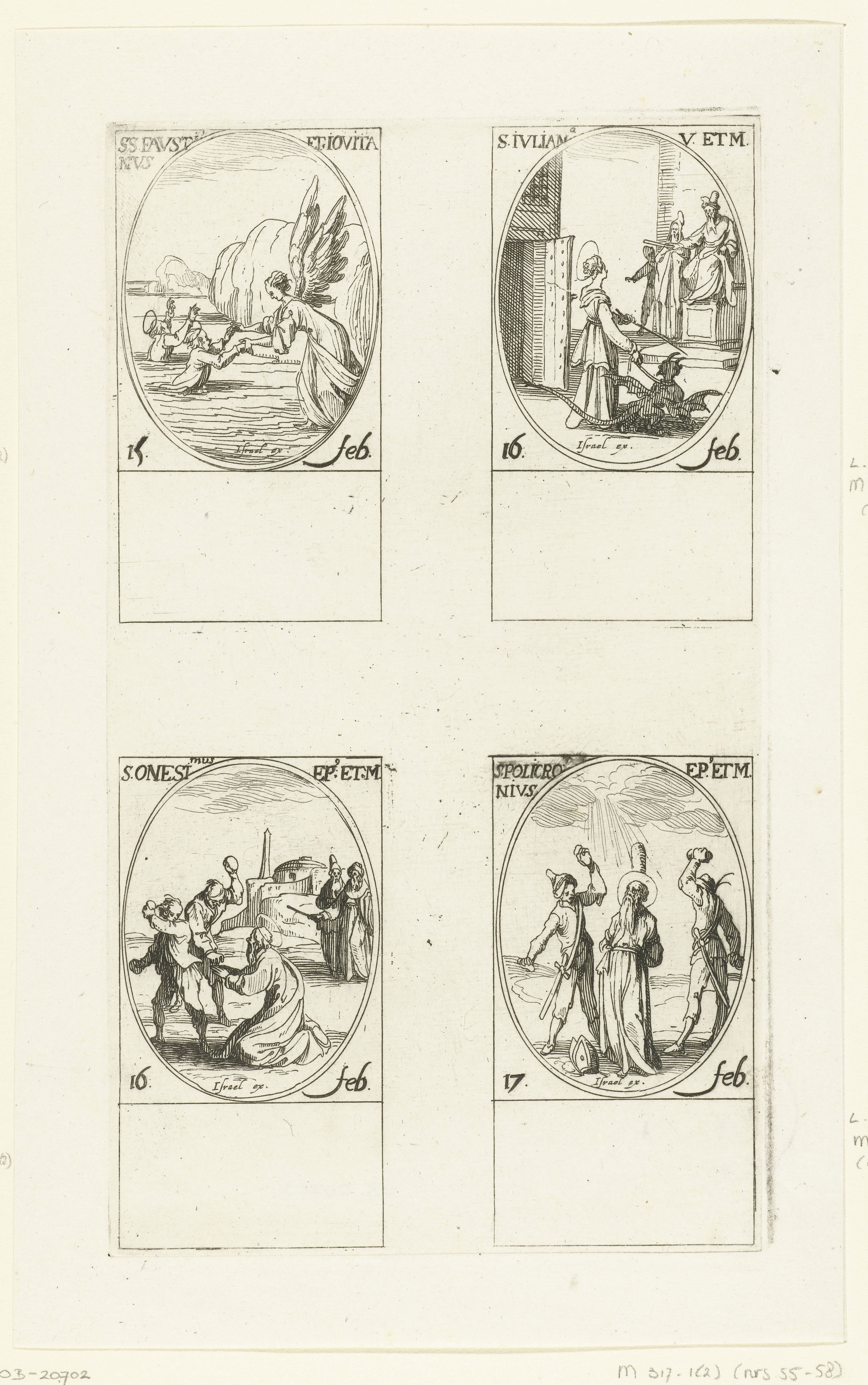 Heilige Faustinus en Heilige Jovita van Brescia, Heilige Juliana, Heilige Onesimus, Heilige Polychronius (15-17 februari)