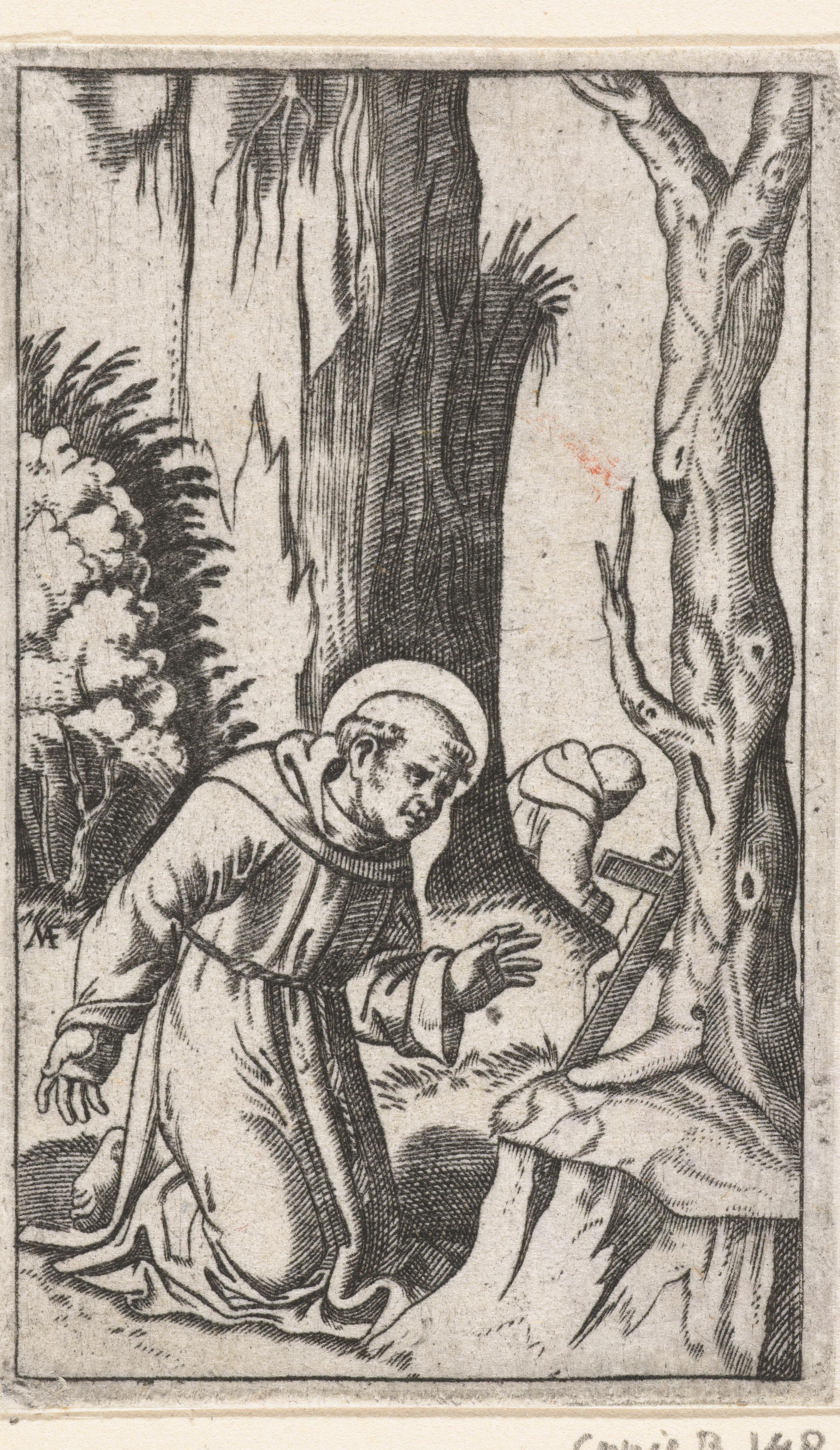 Heilige Franciscus van Assisi knielend voor crucifix