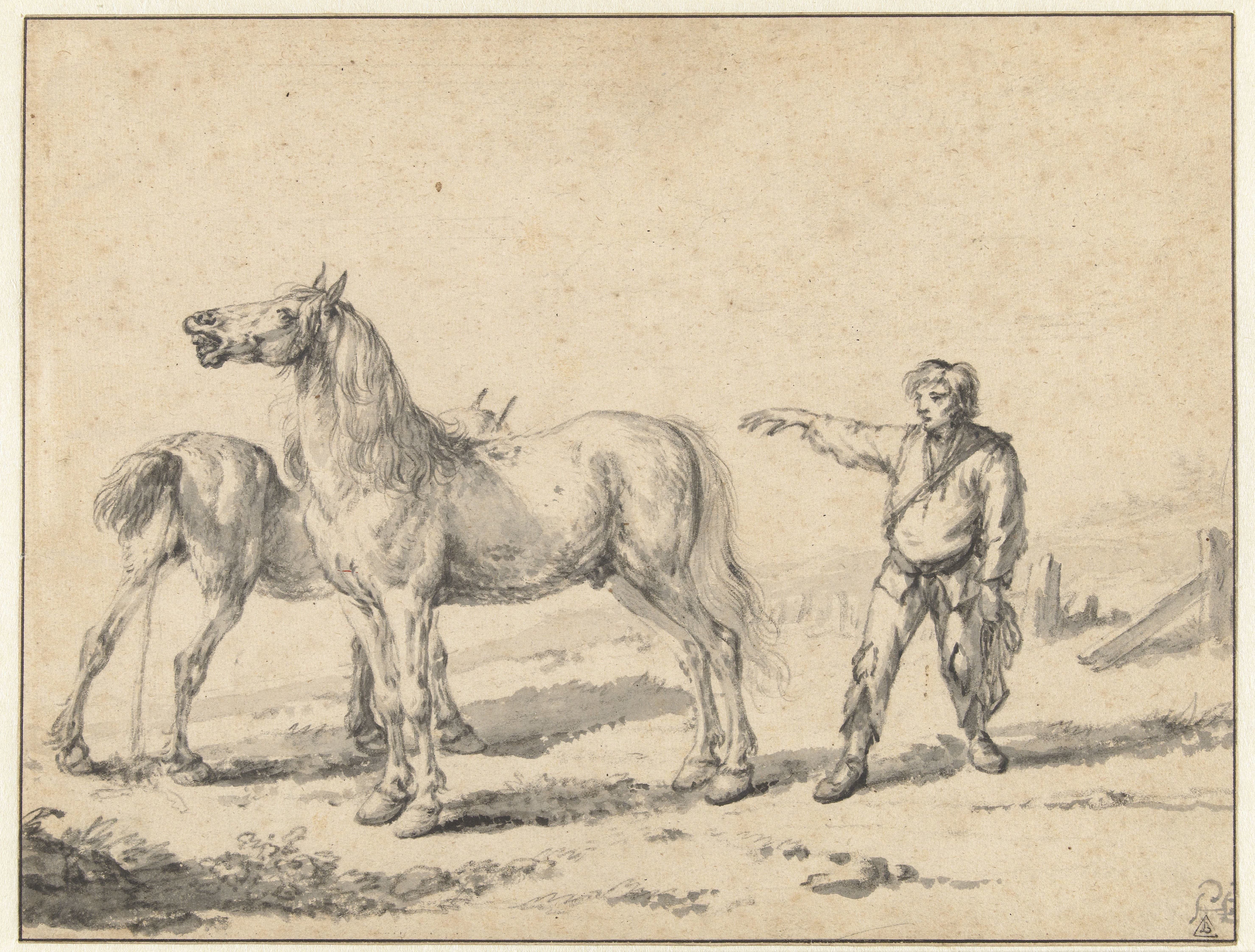 Two Horses, One Urinating and the Other Whinnying, and a Standing Man with his Right Arm Raised