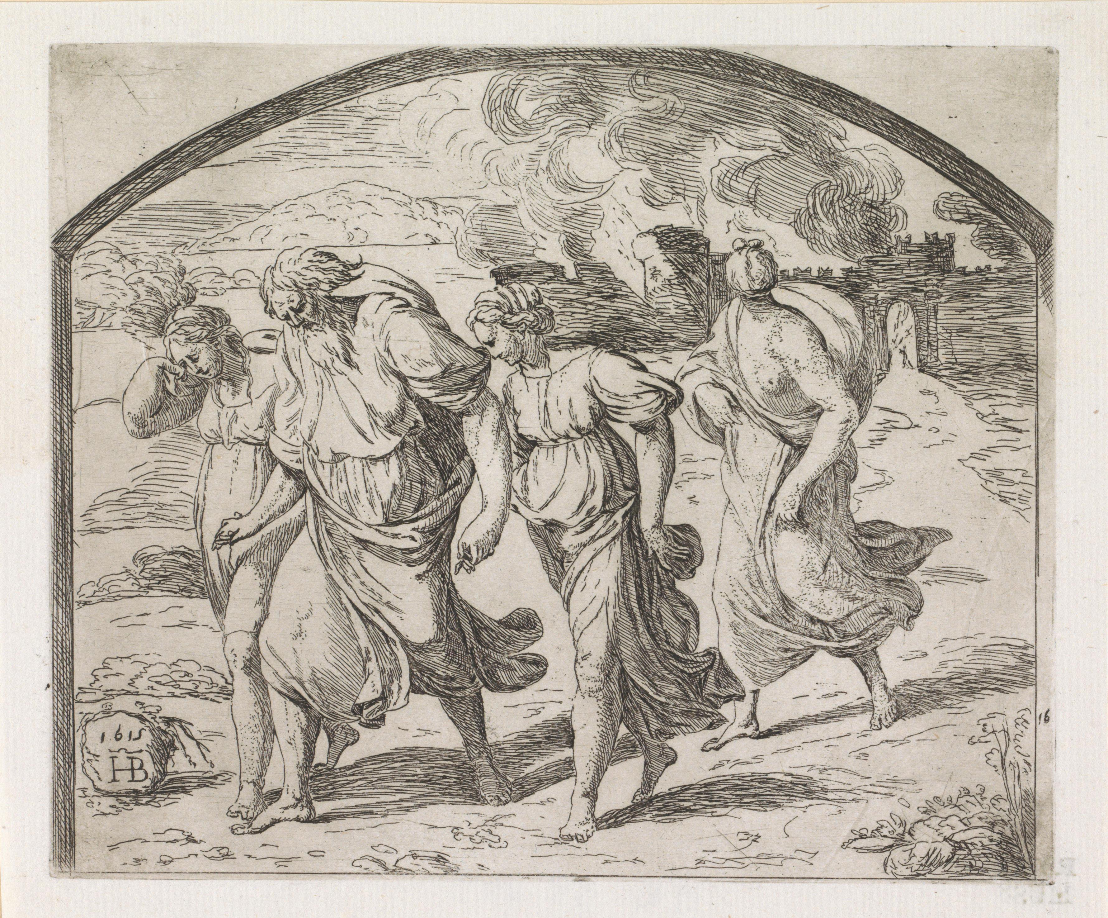 Lot verlaat Sodom met zijn vrouw en dochters