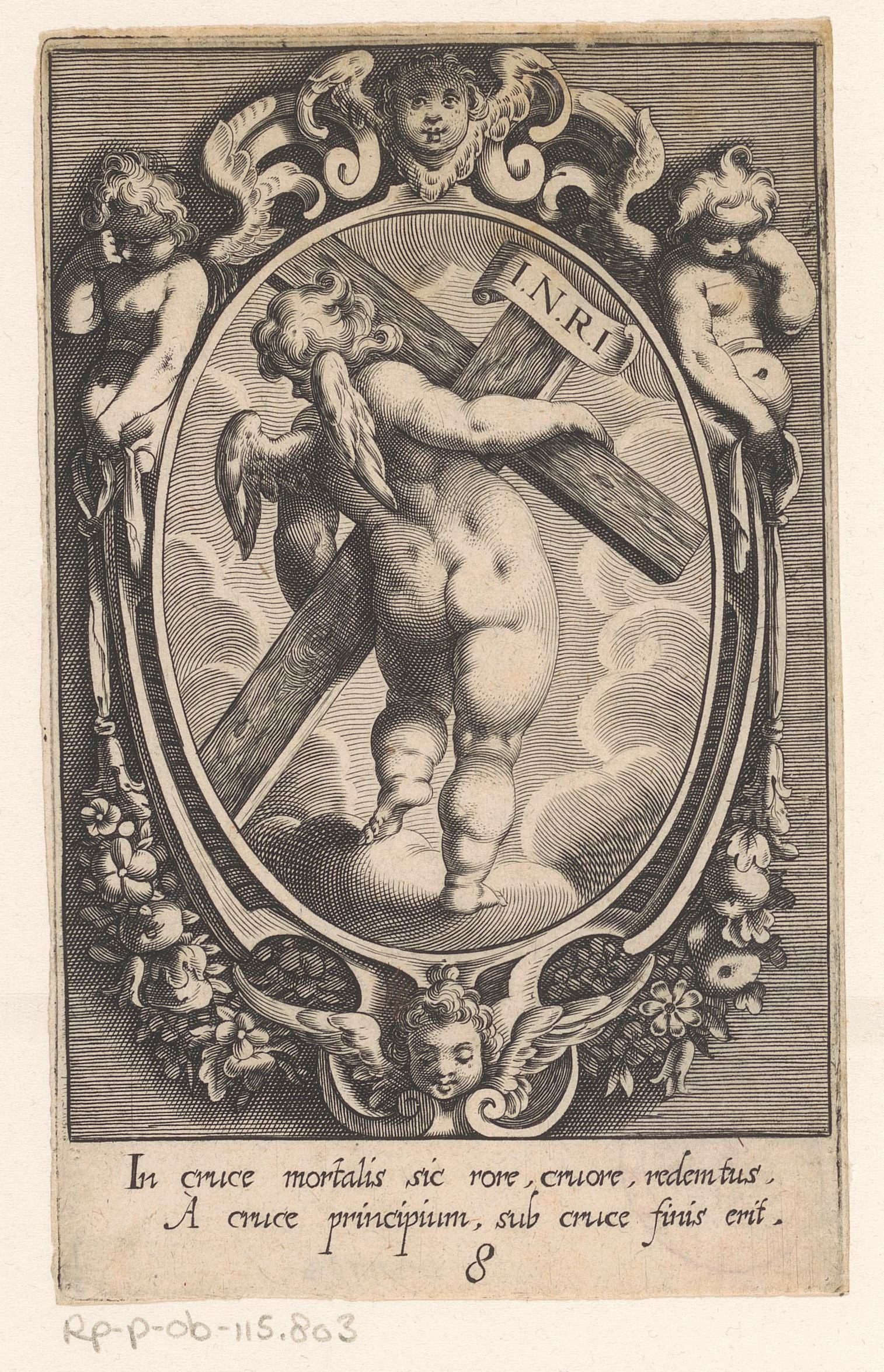 Kruis met opschrift, gedragen door een engel