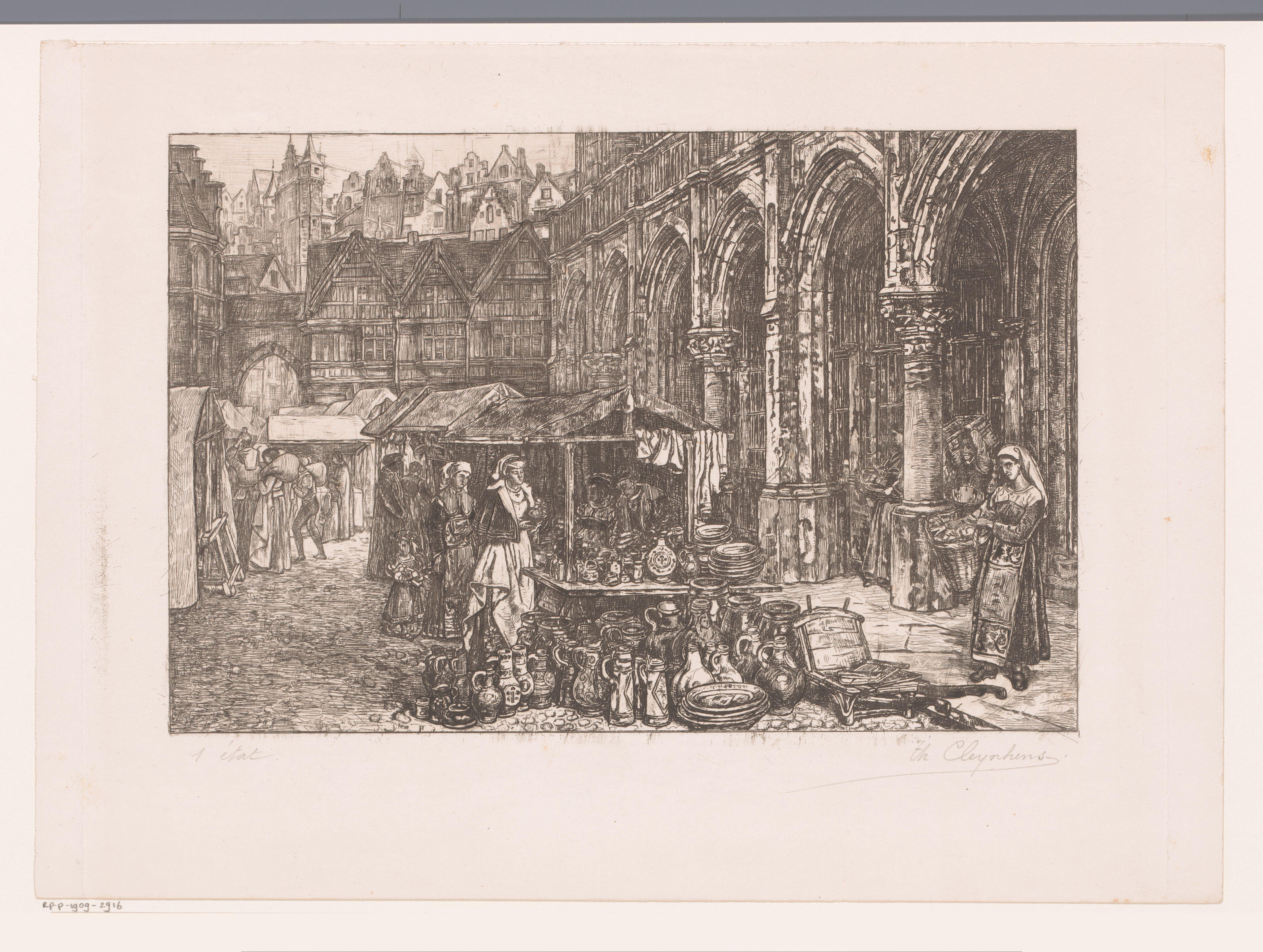 Middeleeuwse markt met keramiekkraam
