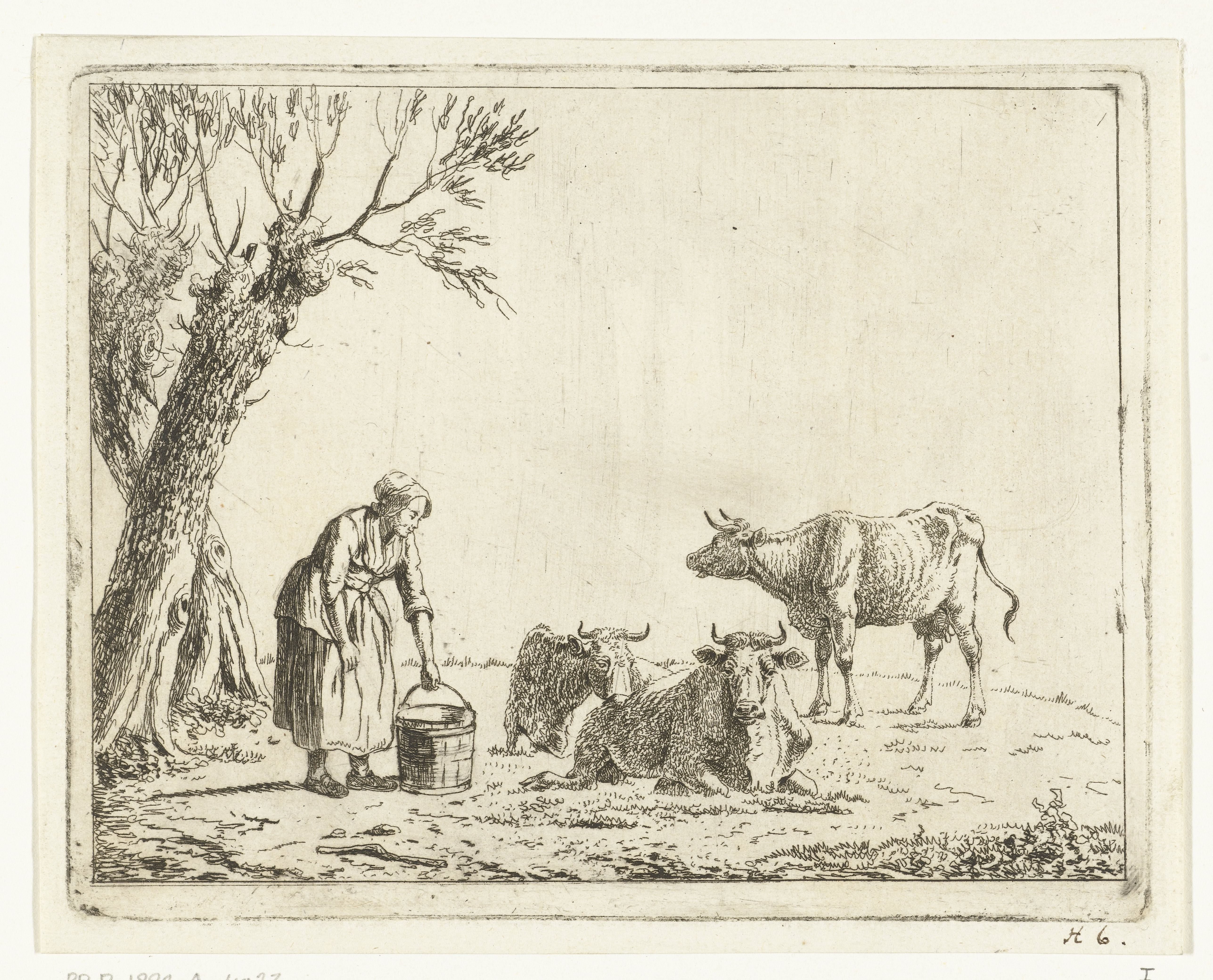 Landschap met vrouw met melkemmer bij drie koeien