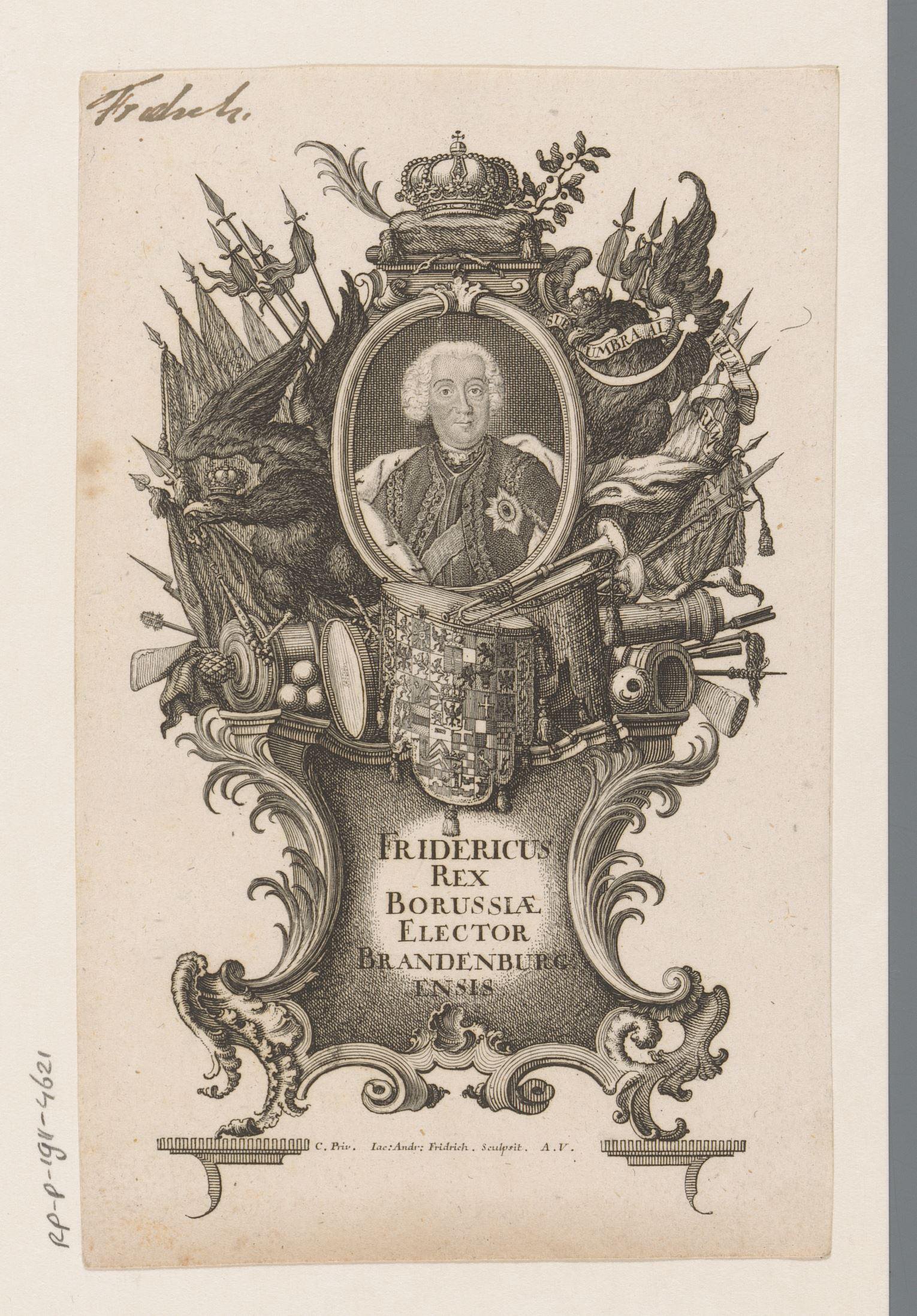 Portret van Frederik de Grote in allegorische omlijsting