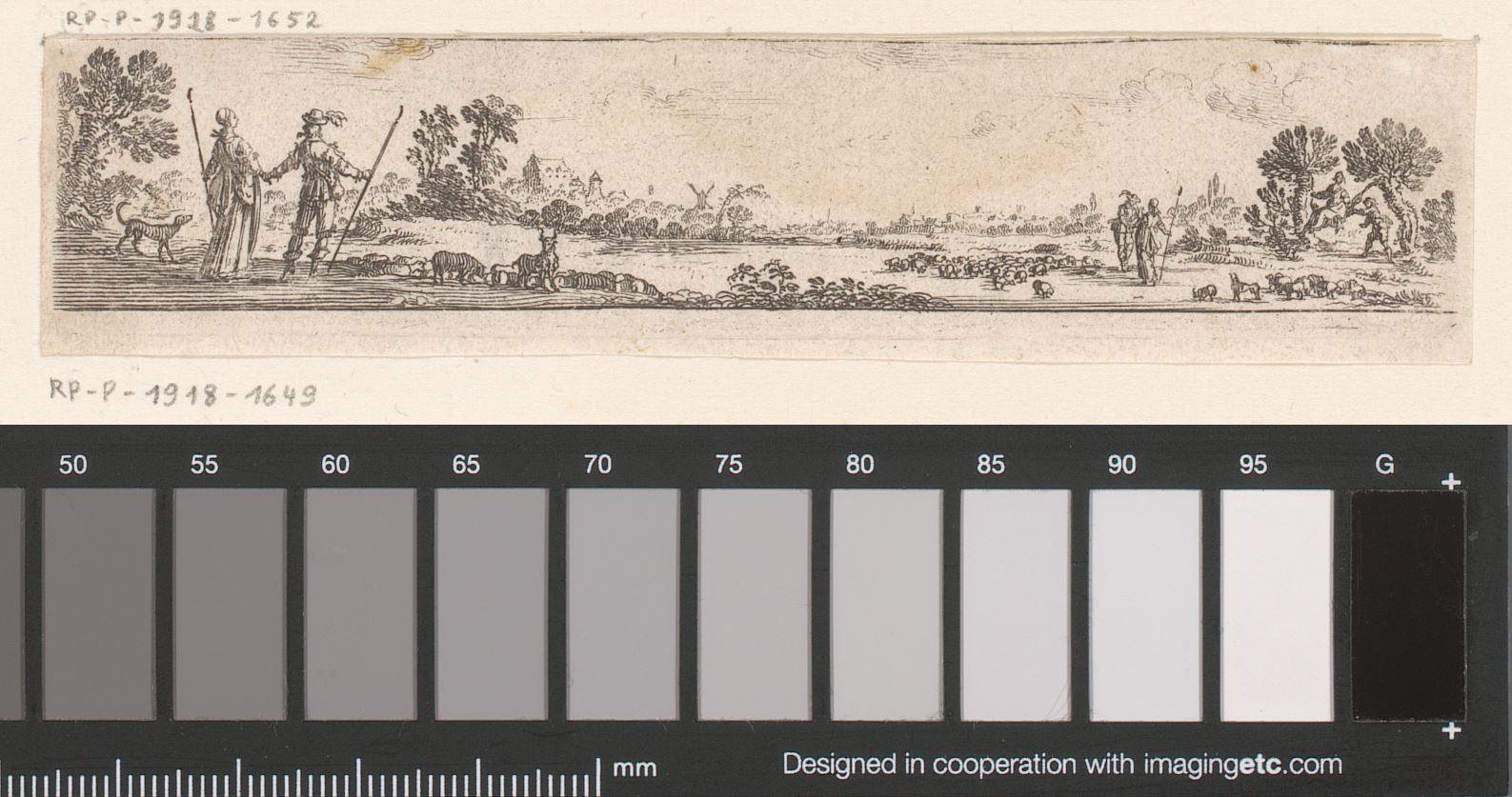 Vignet met schaapherders in een landschap