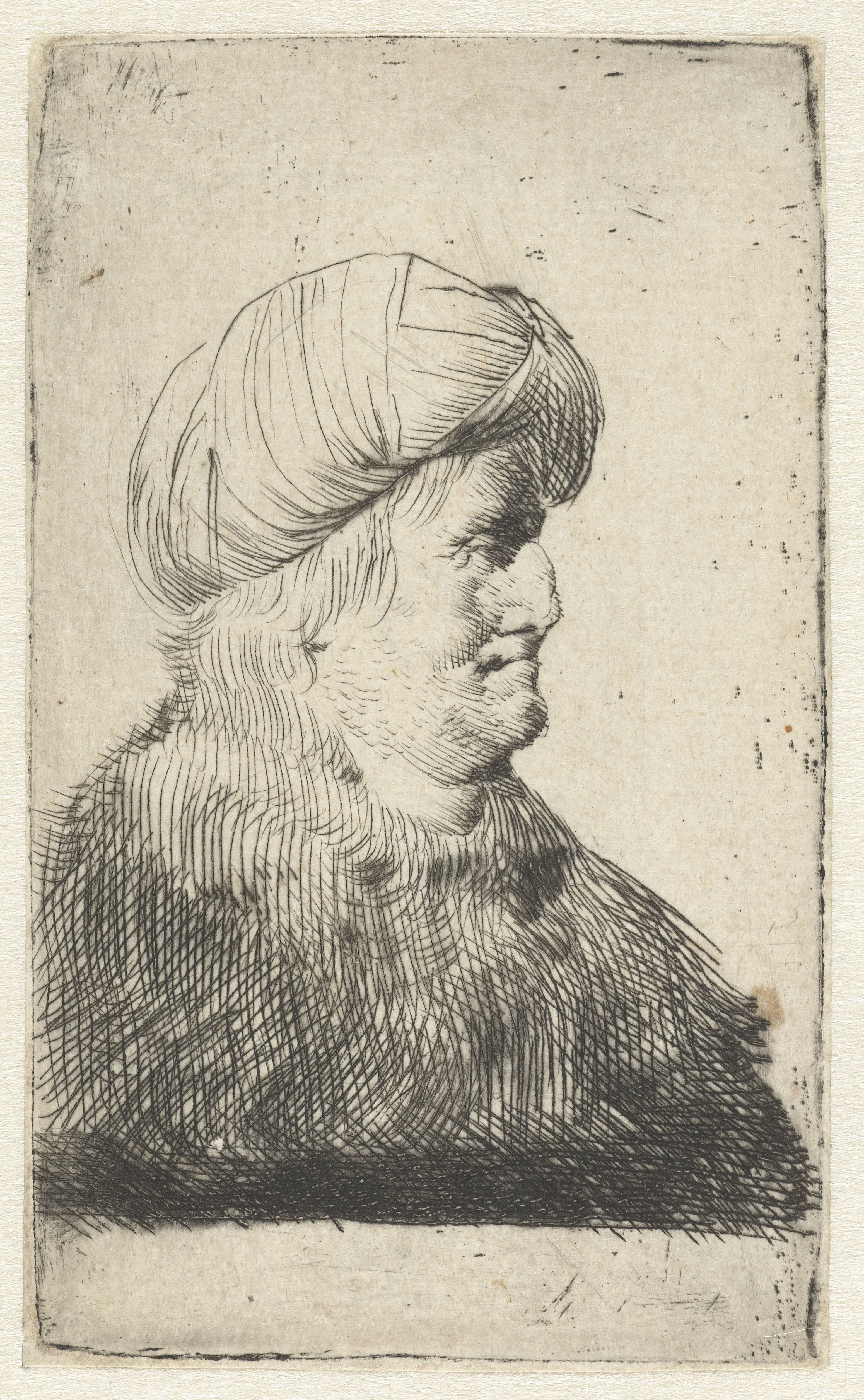 Portret van een man met een tulband, en profil naar rechts