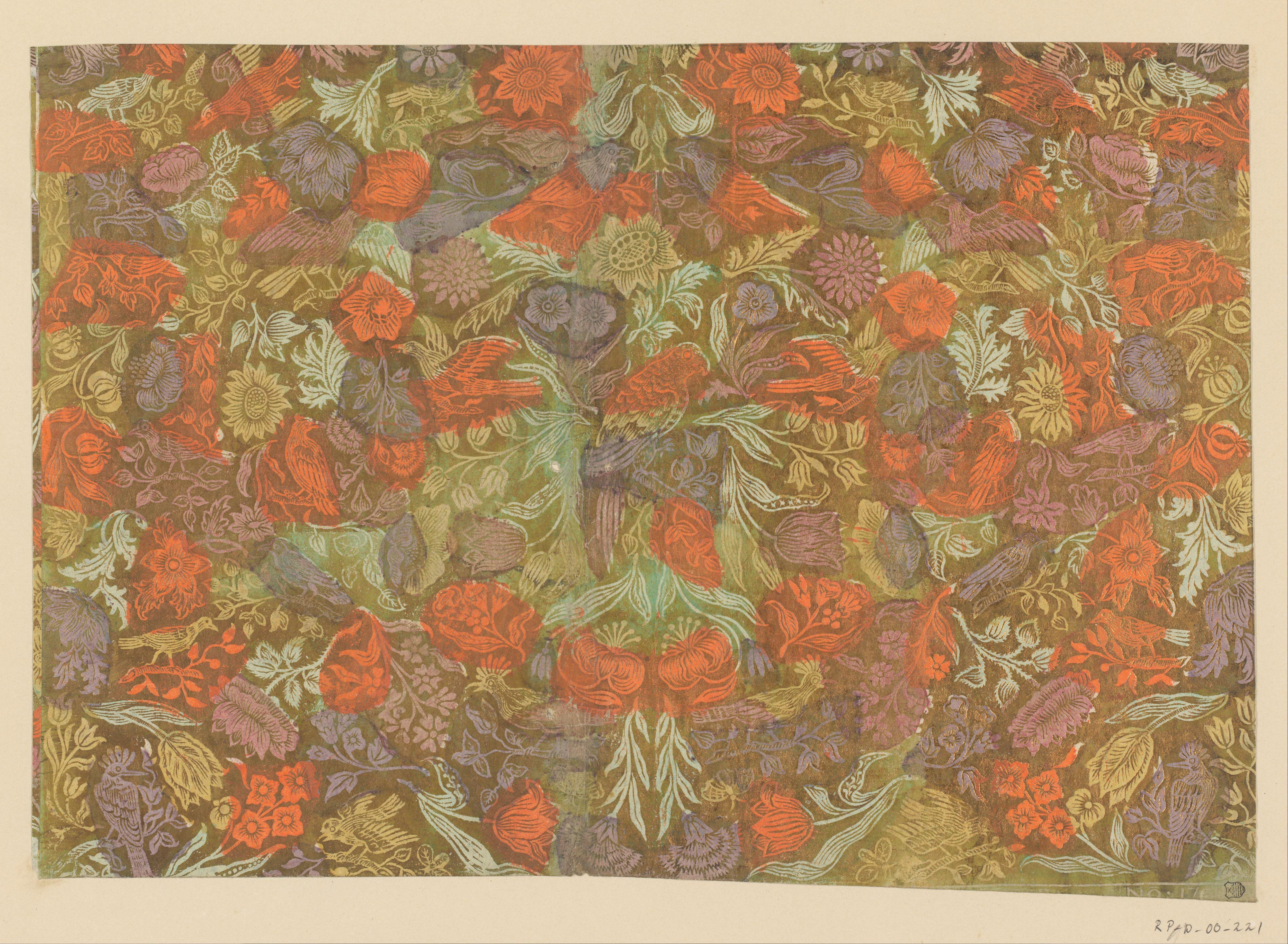 Blad met ranken met bloemen en vogels
