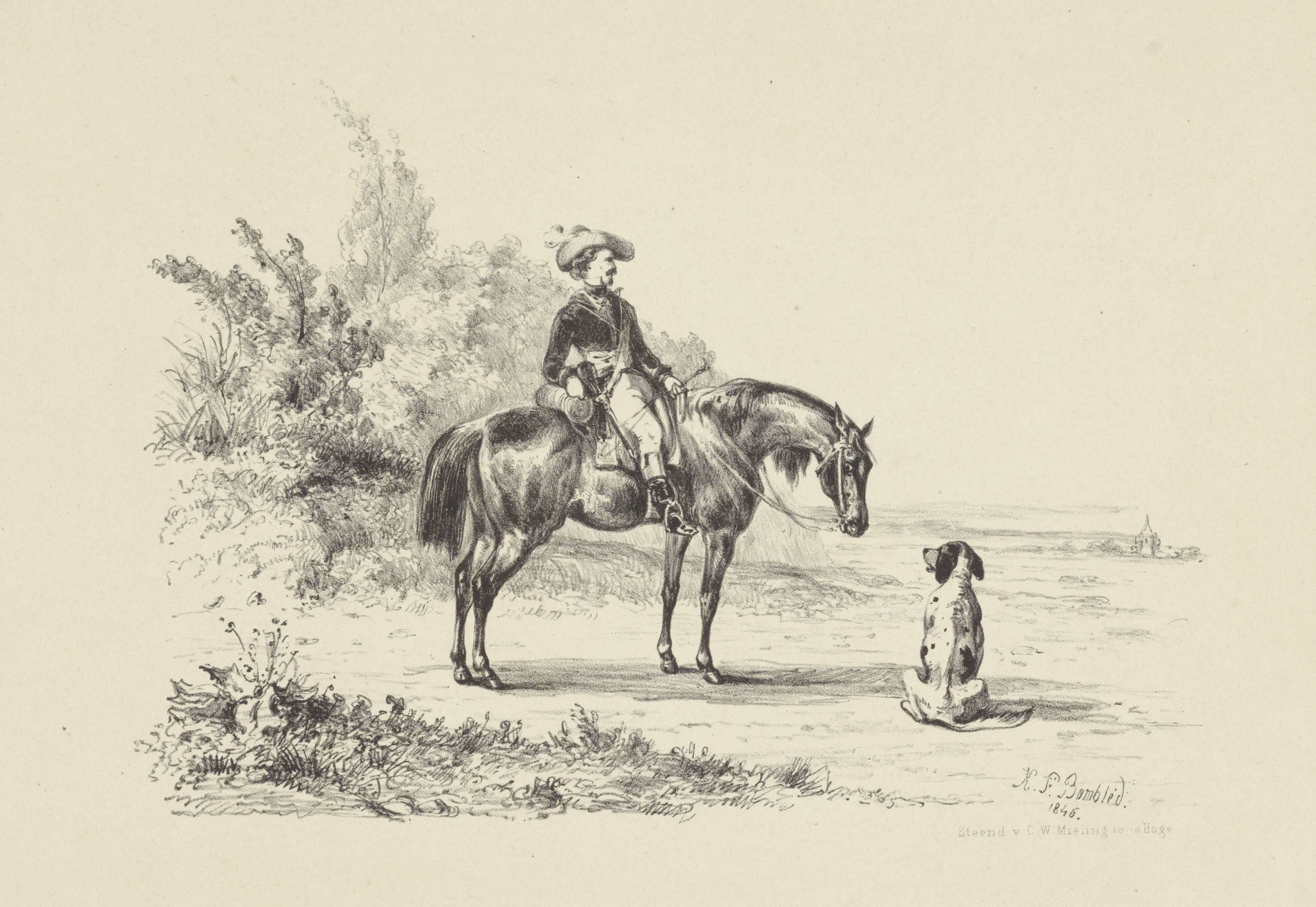 Paard met ruiter en hond