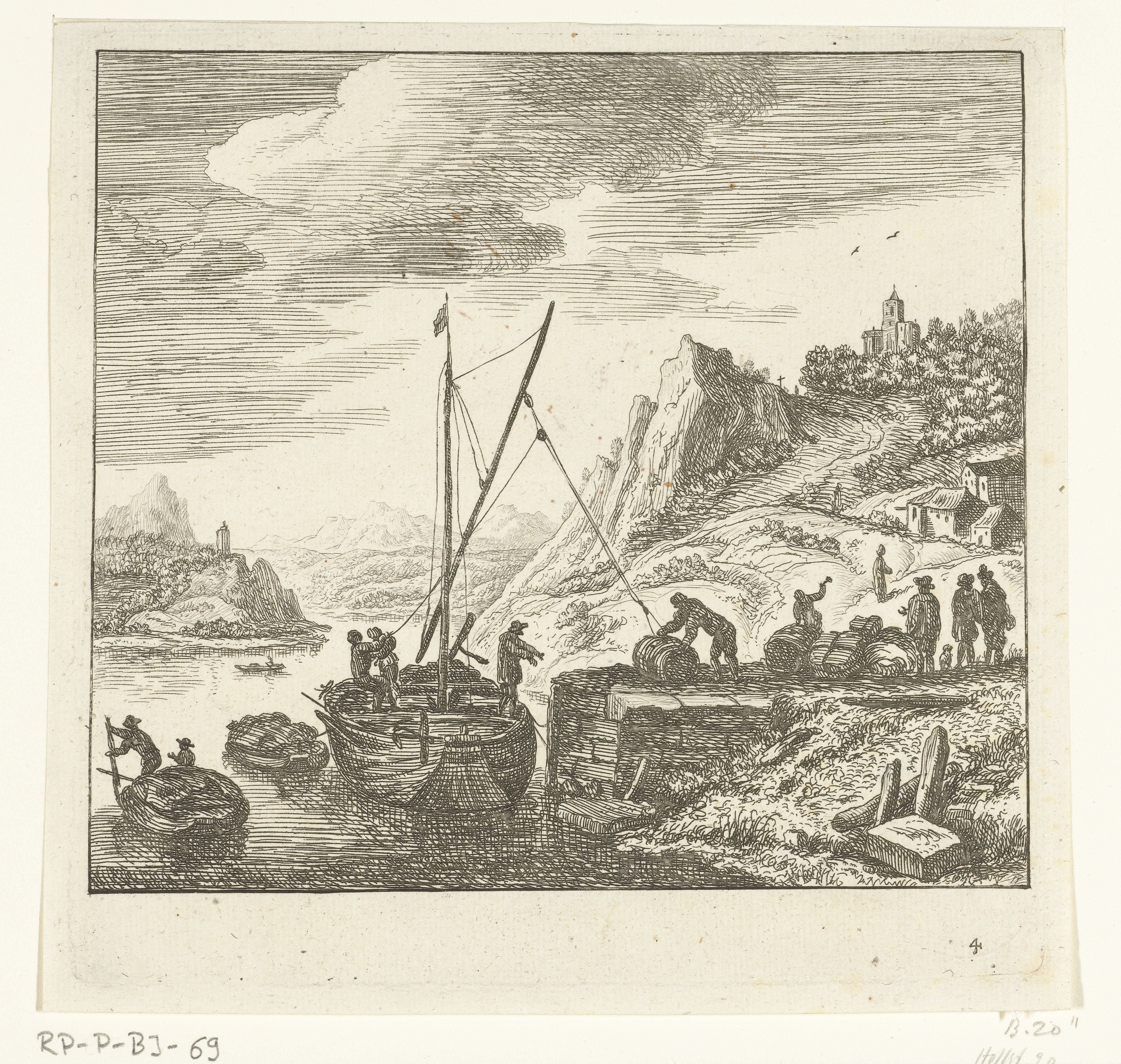 Riviergezicht met mannen die vaten op een zeilschip laden