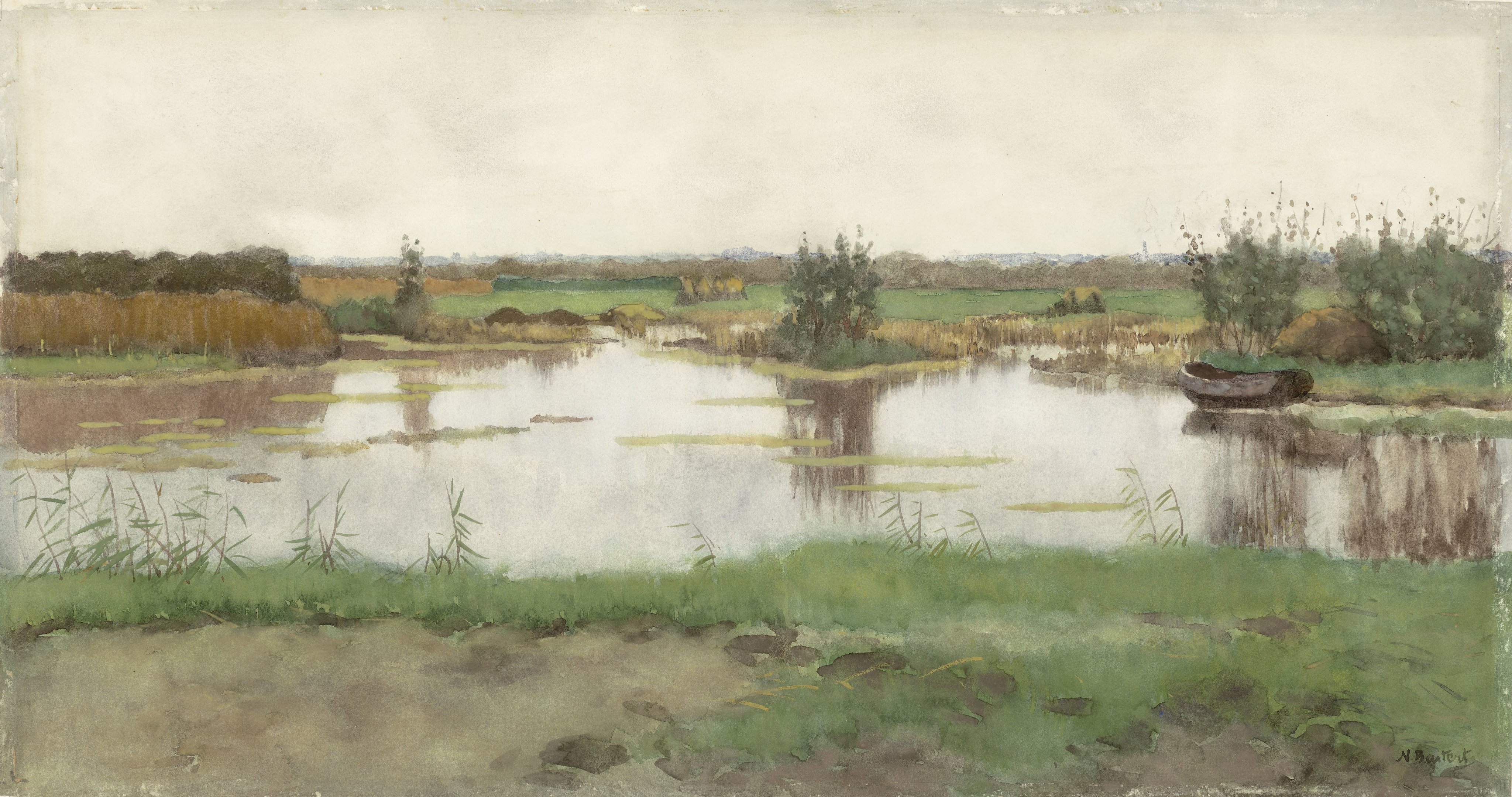 Een waterplas in een weiland