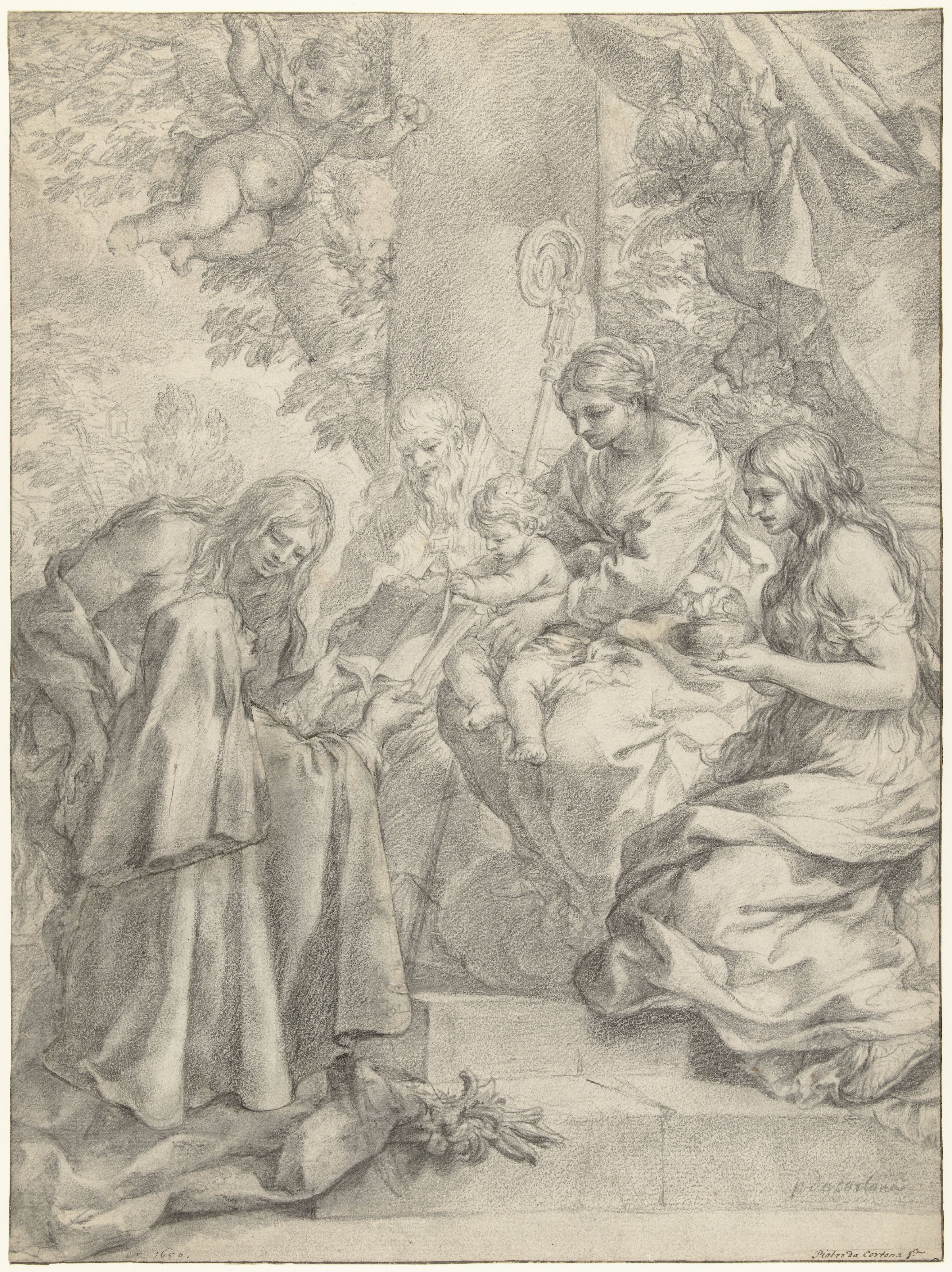 De heilige Margaretha van Cortona biedt knielend het Christuskind een boek aan