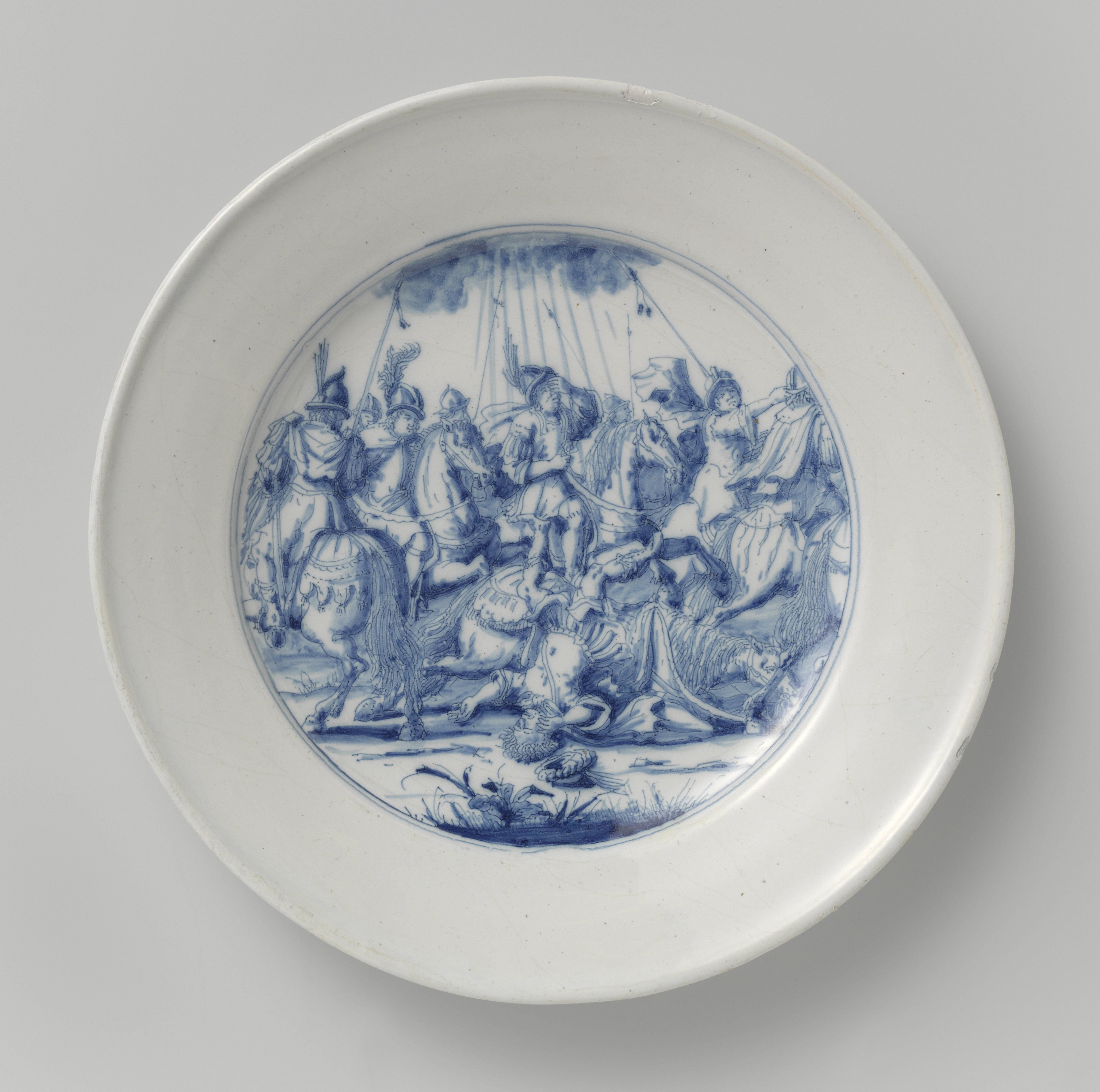 Bord, het plat beschilderd met de bekering van Paulus