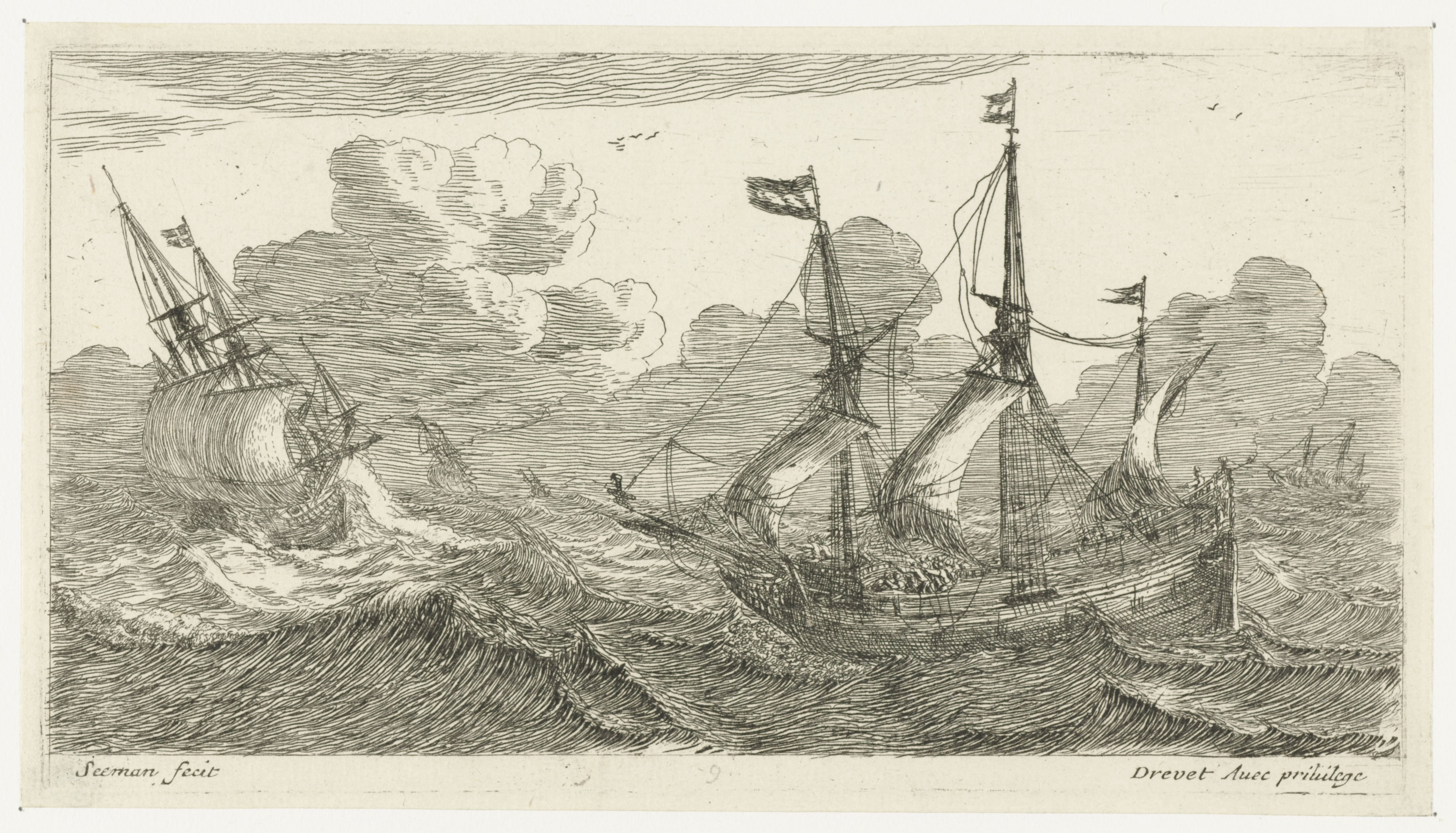 Zeilschepen op ruige zee