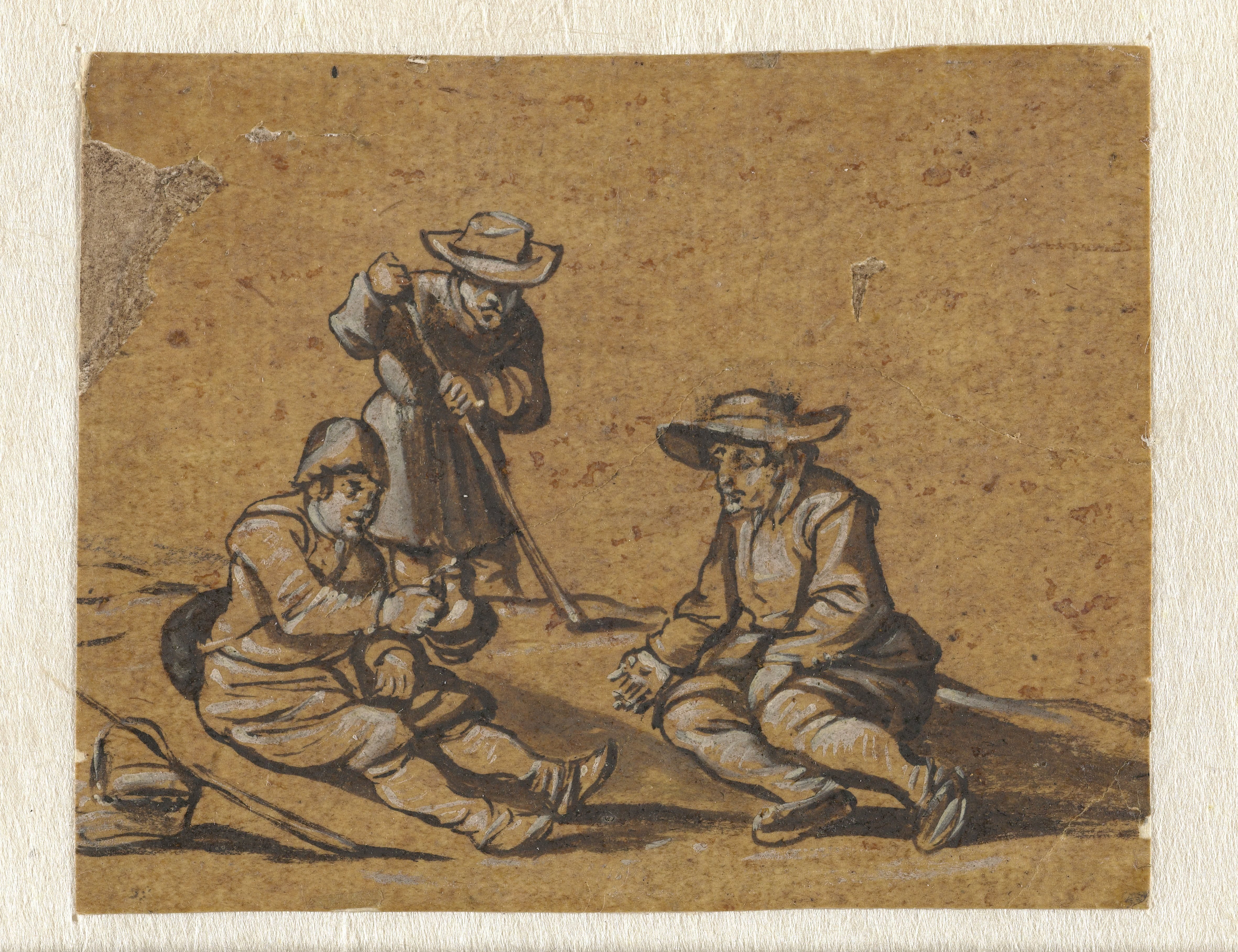 Studieblad met twee zittende figuren en een staande figuur
