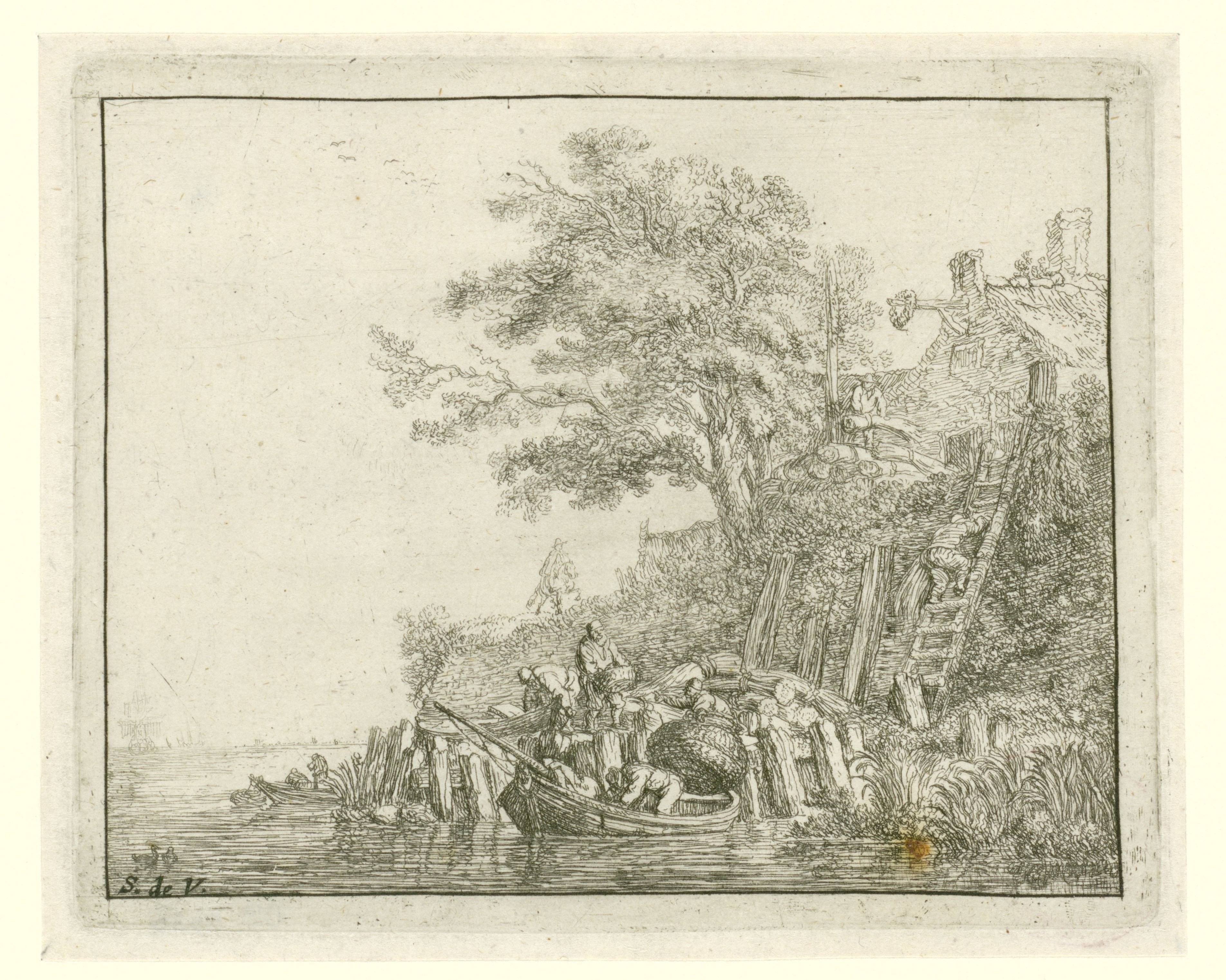 Mannen laden graanschoven in een boot