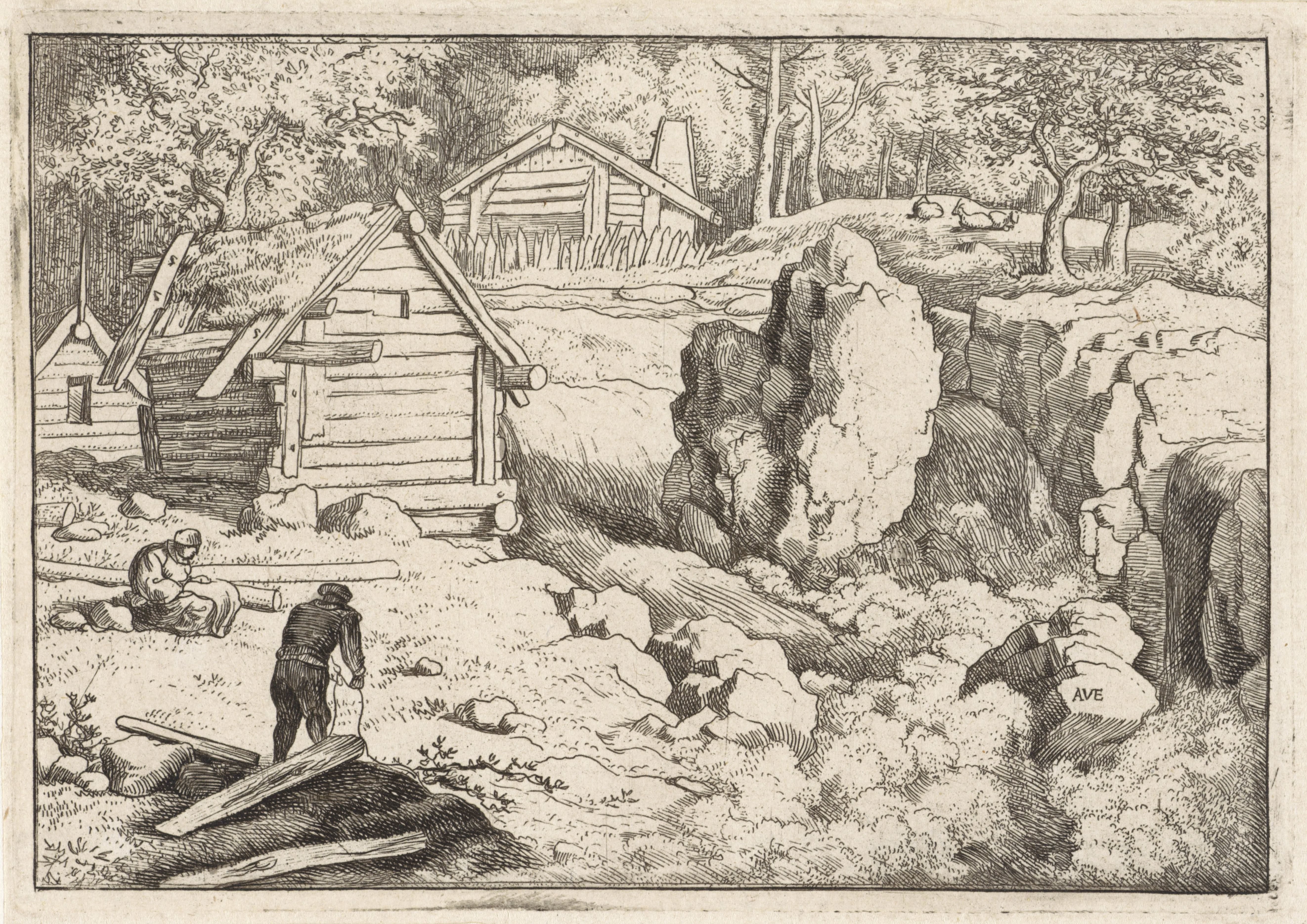 Landschap met drie houten huisjes