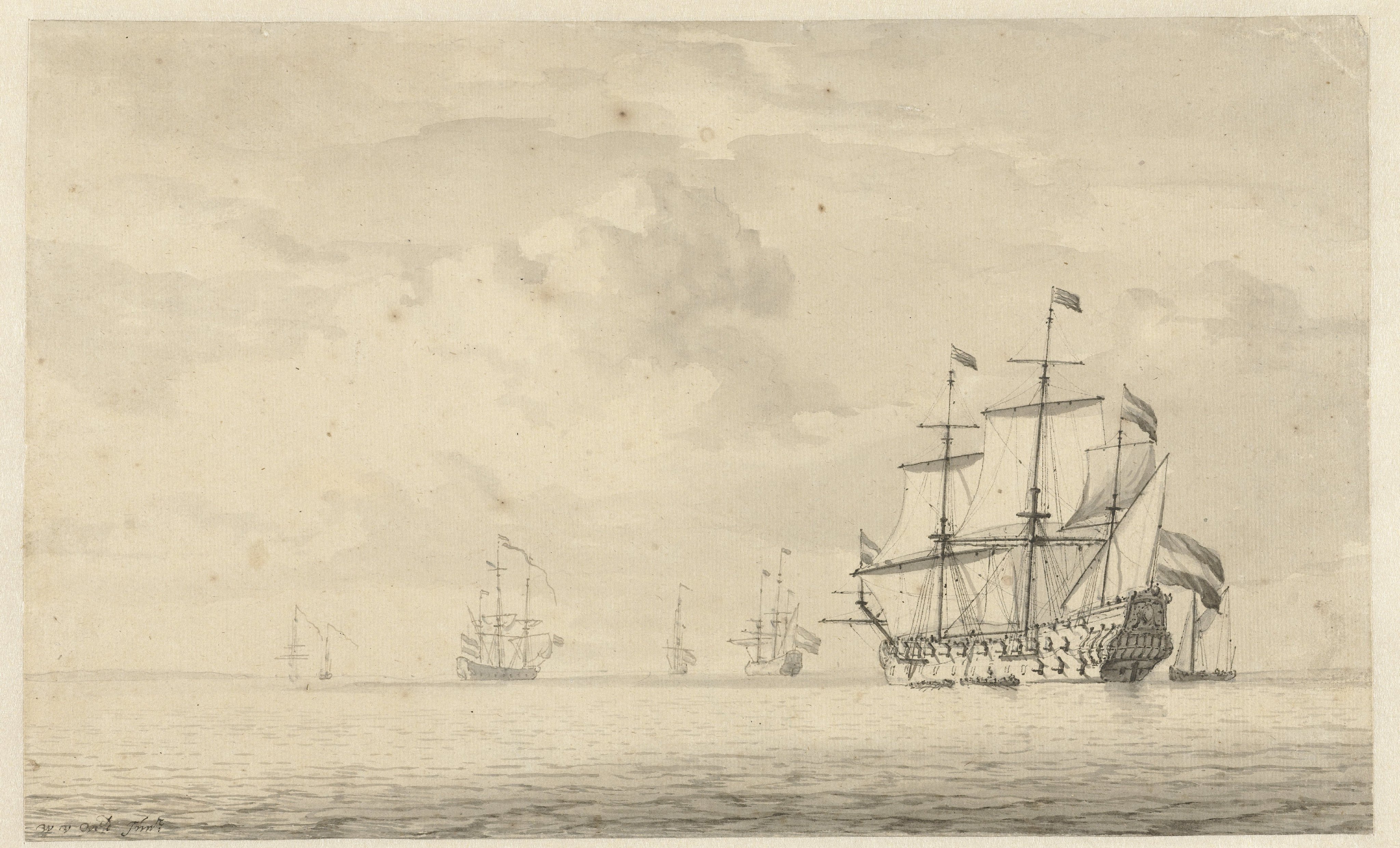 Stille zee met enkele oorlogsschepen