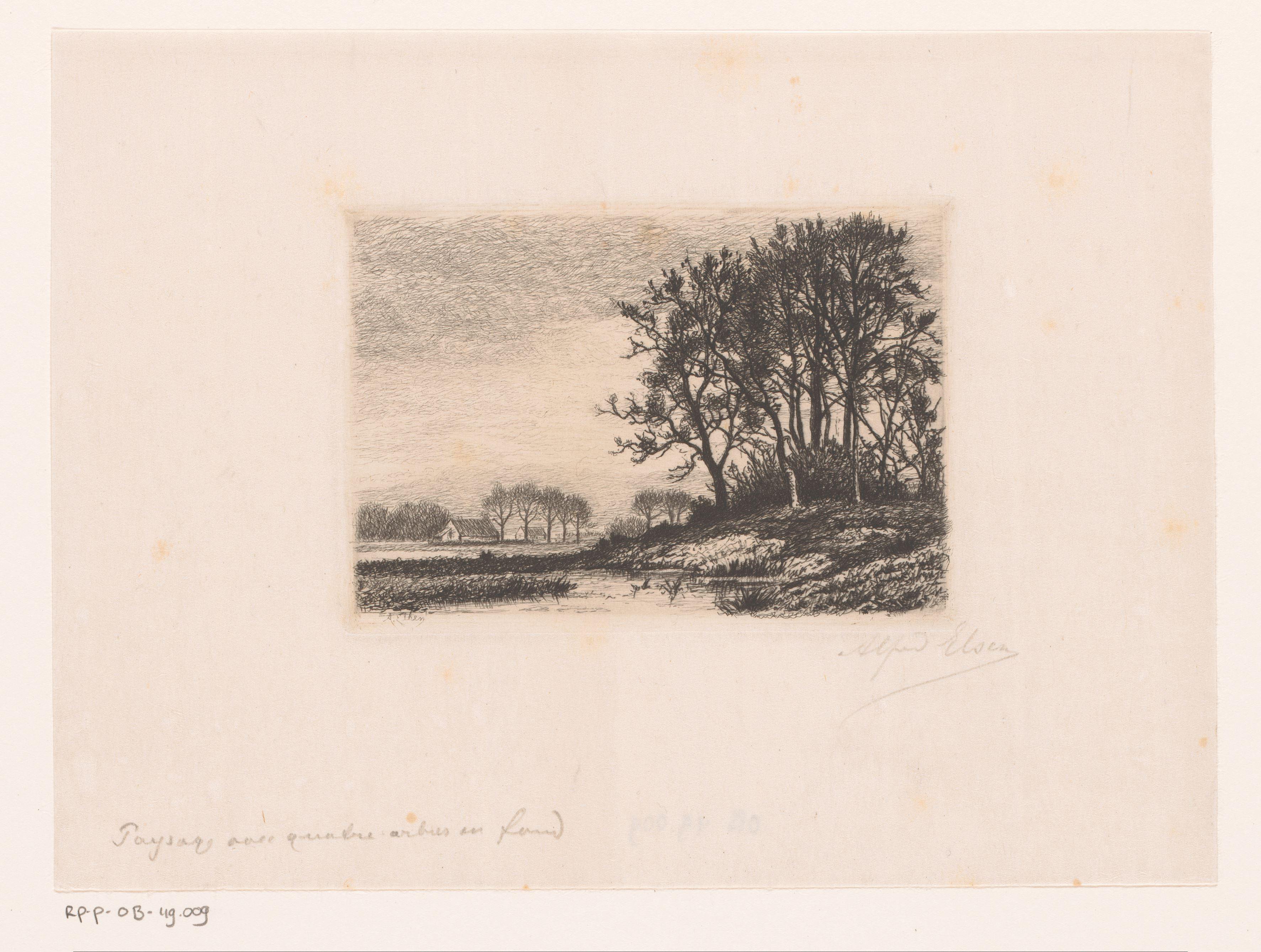 Landschap met bomen op een heuvel aan het water