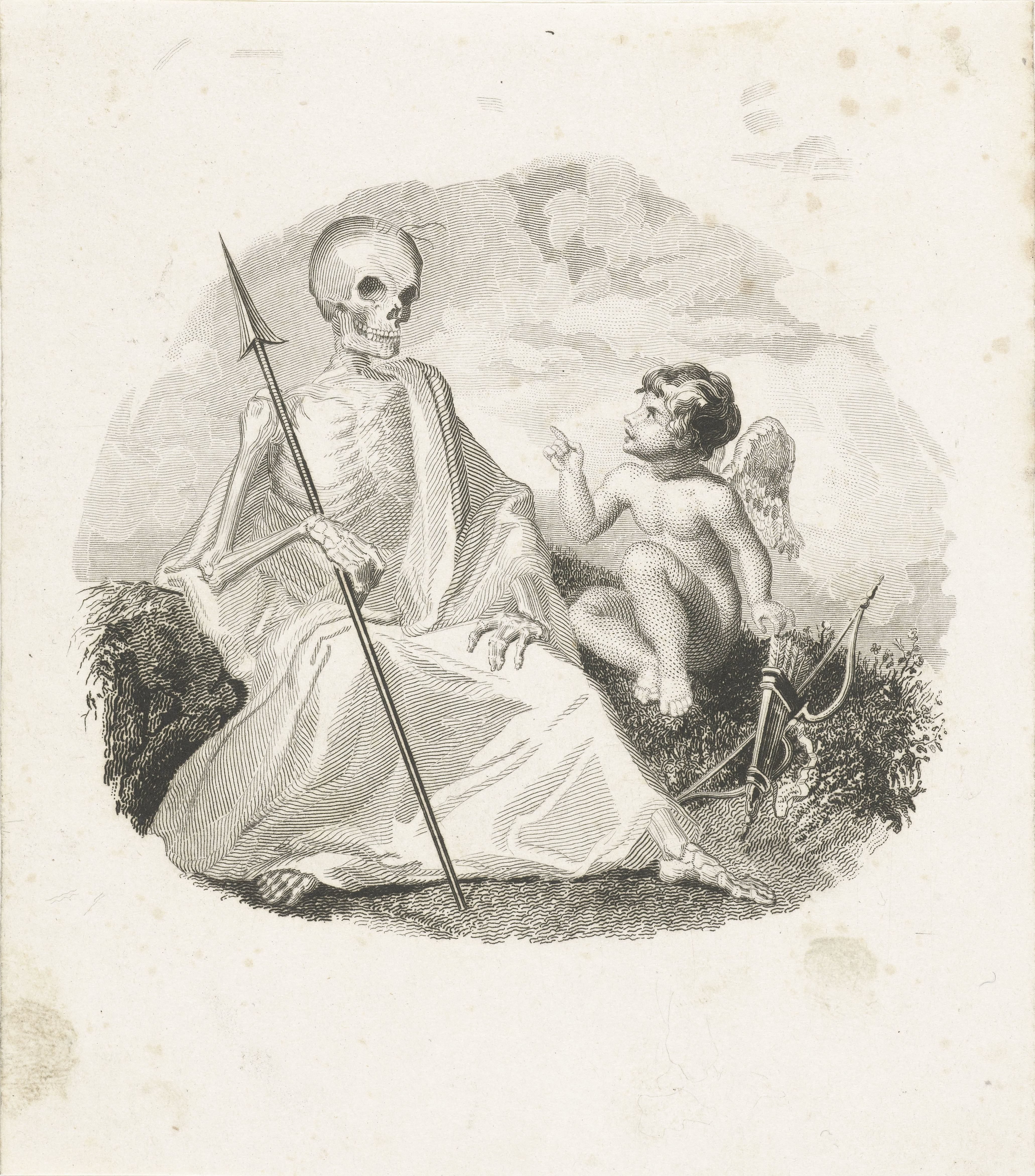 Amor en de Dood, als geraamte met speer
