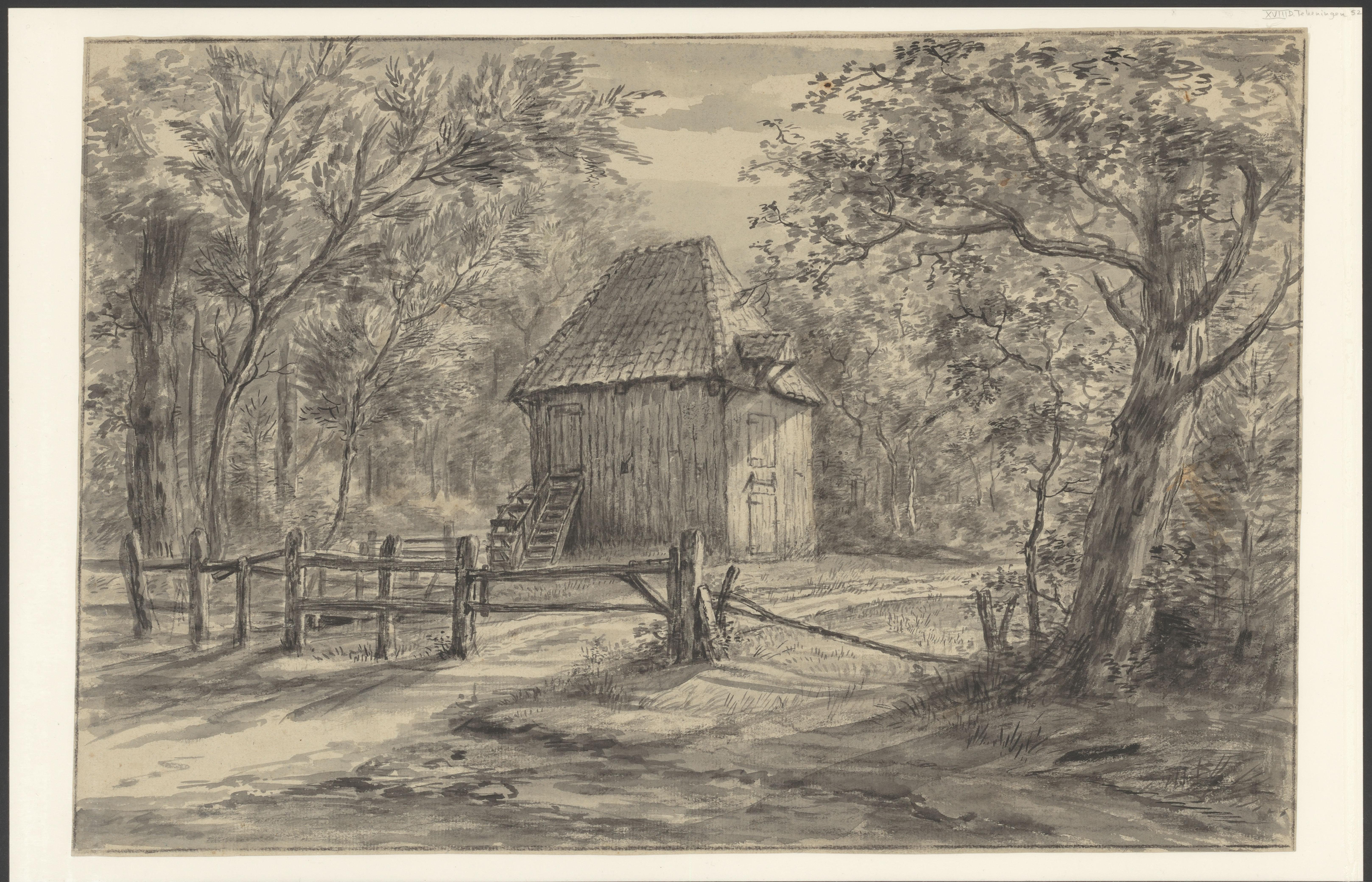 Boerenschuur in een boslandschap