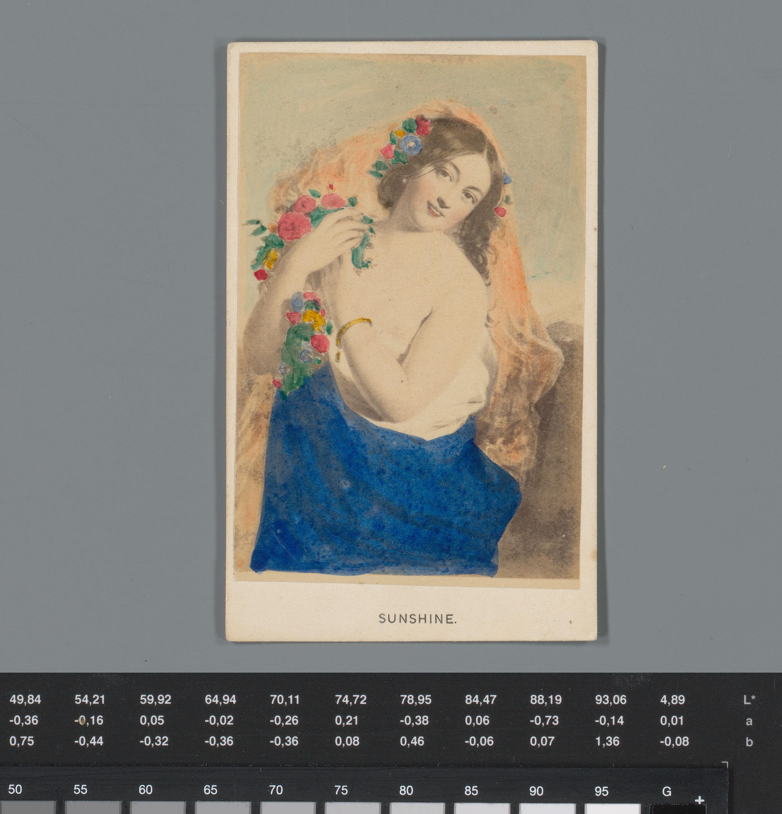 Reclame voor fotoalbums van N. Hollister te Utica met portret van een onbekende vrouw met bloemensluier