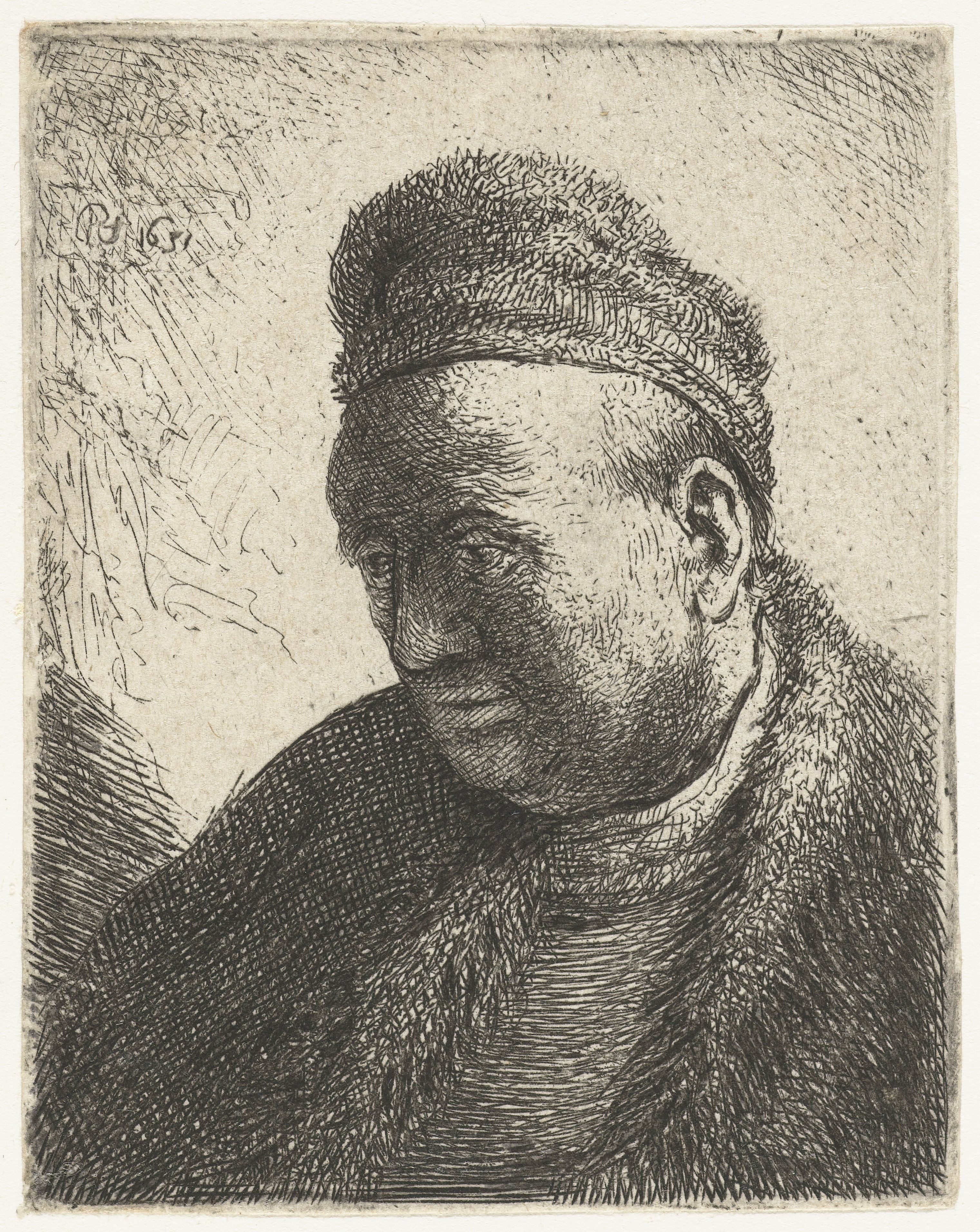 Beardless man in a fur cloak and cap: bust