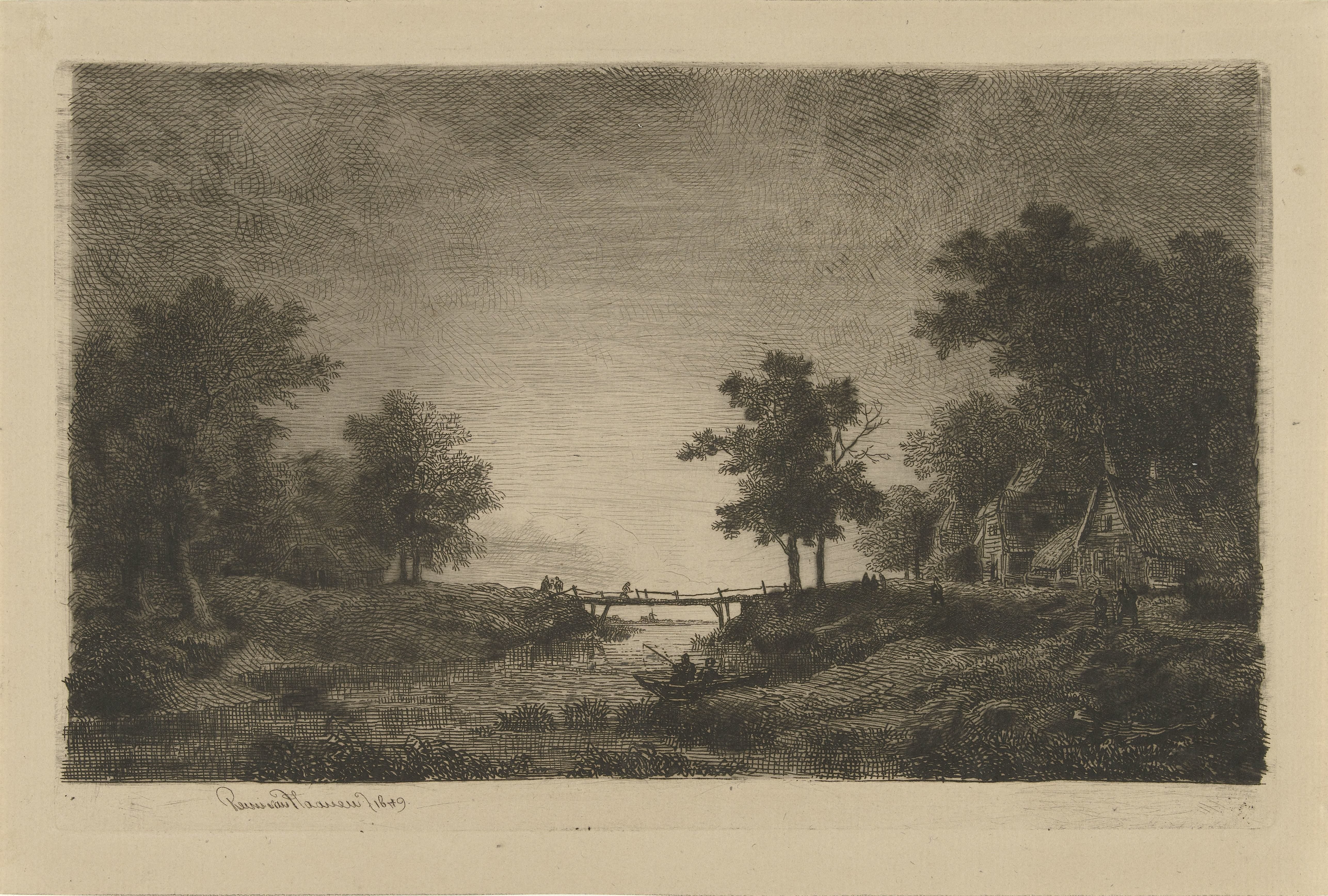 Landschap met figuren bij een brug
