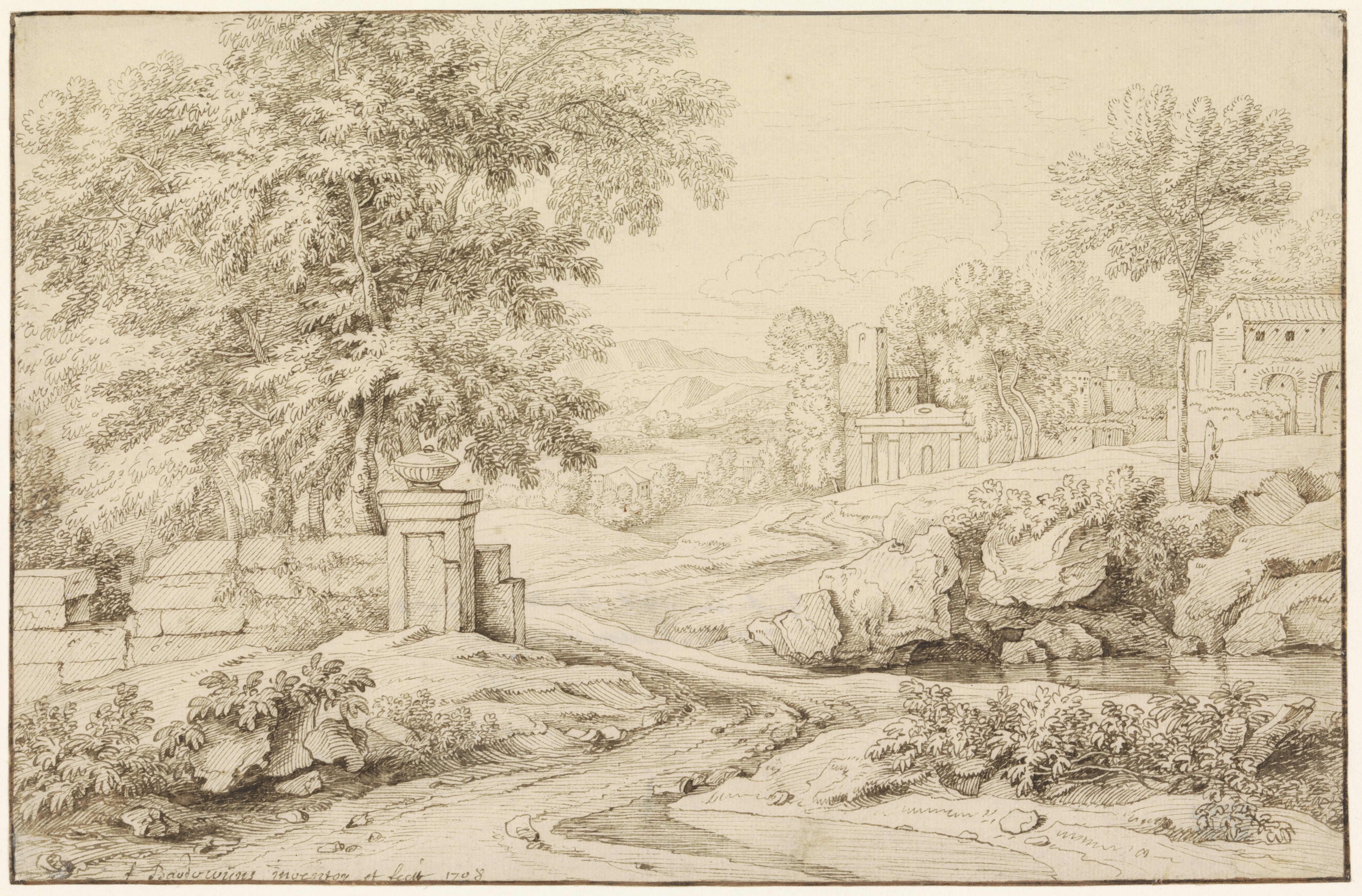 Landschap met ruïnes, links een vervallen muur