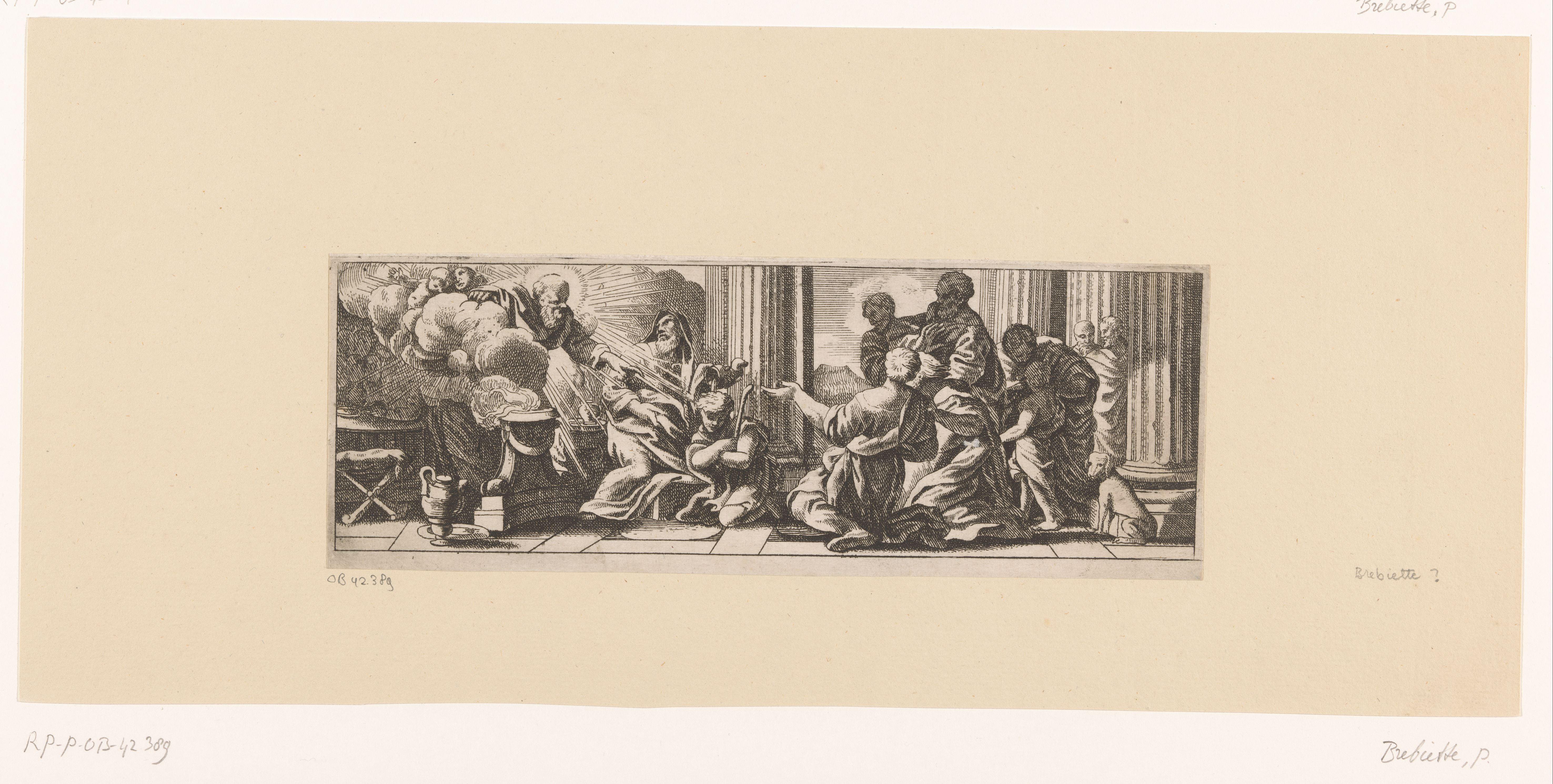 Gehurkte jongeman wordt in een tempel gedoopt en goddelijk bezield