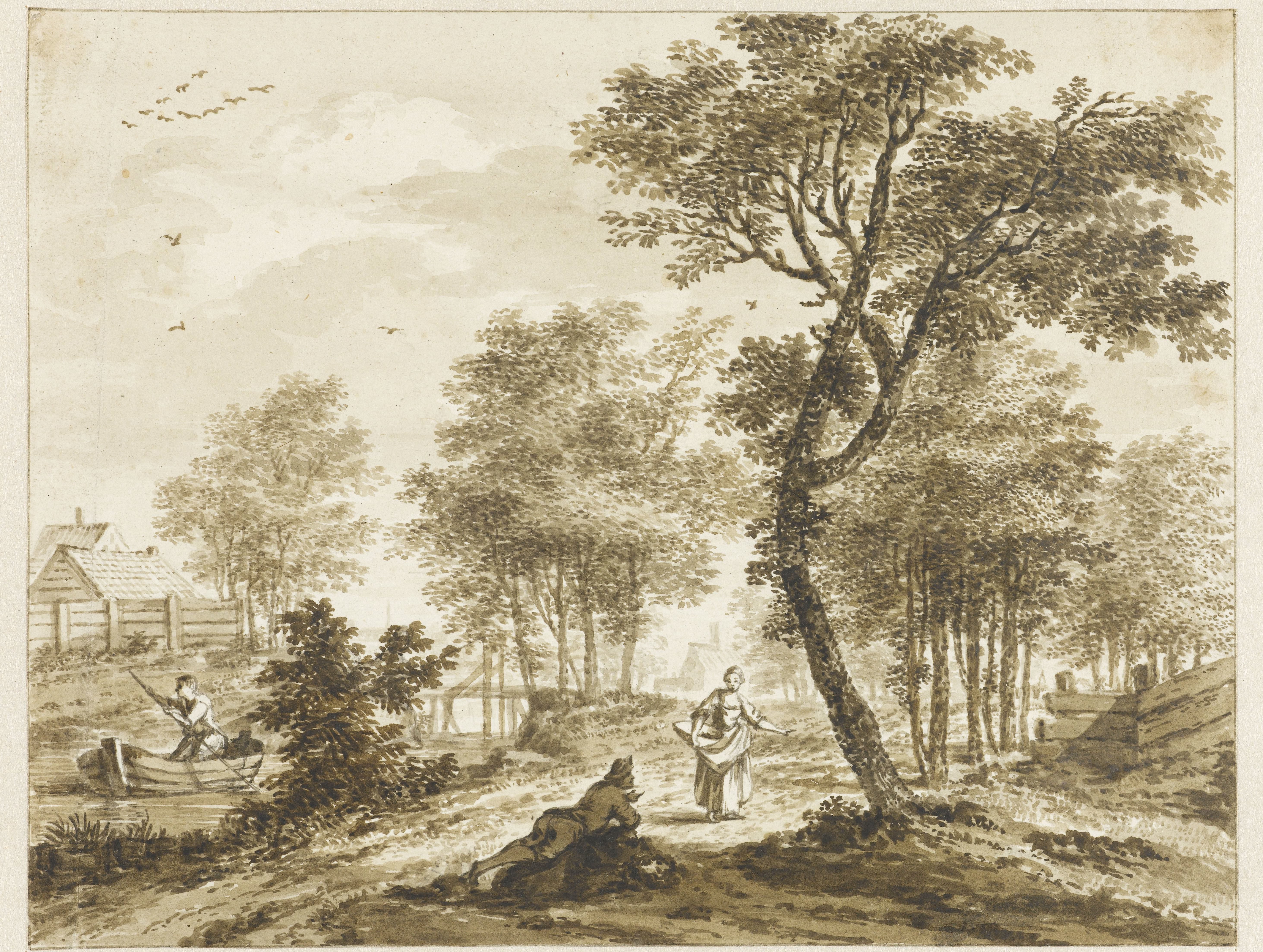 Landschap met figuren en links een man in een punter