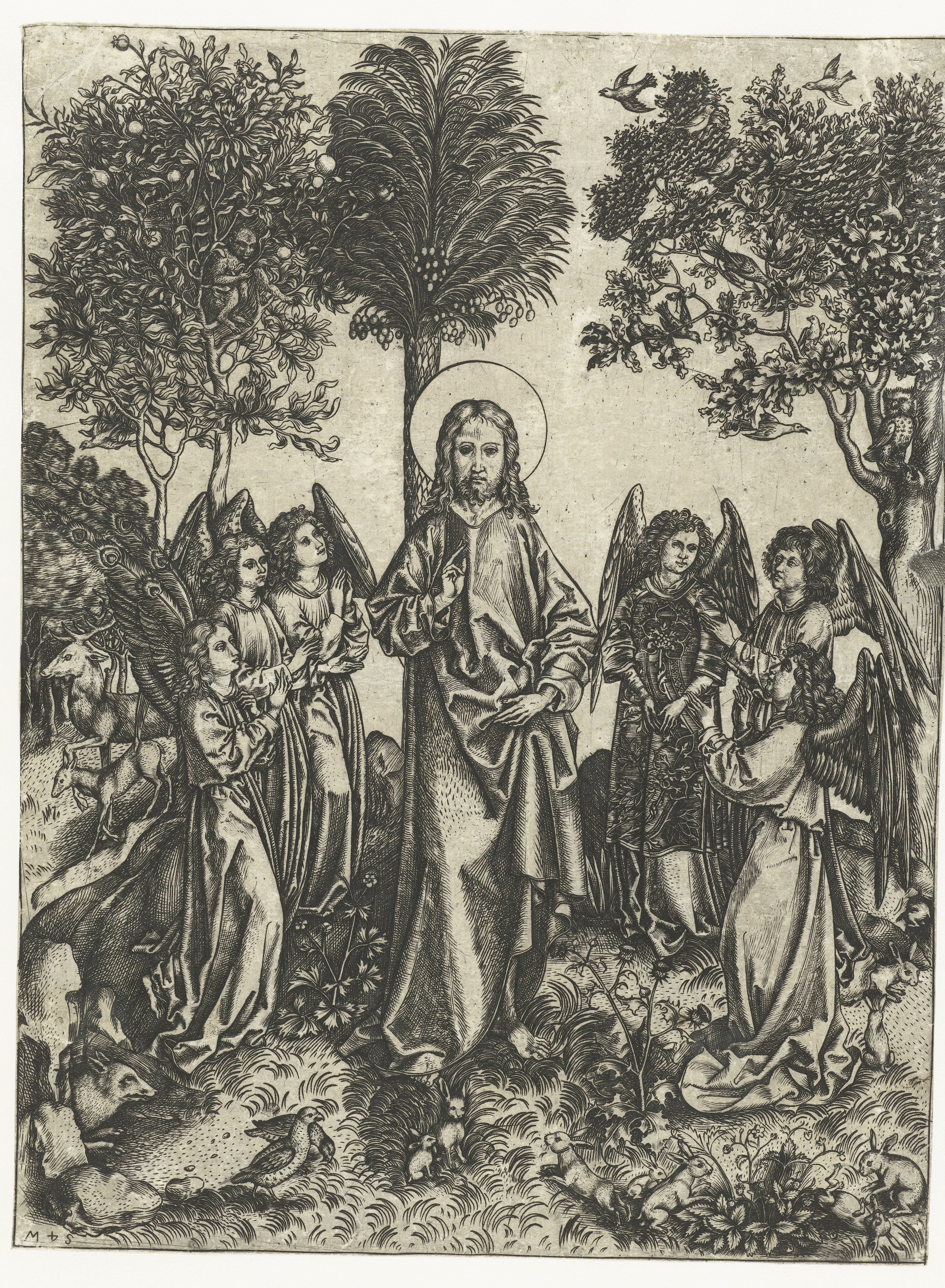 Christus in de wildernis met engelen