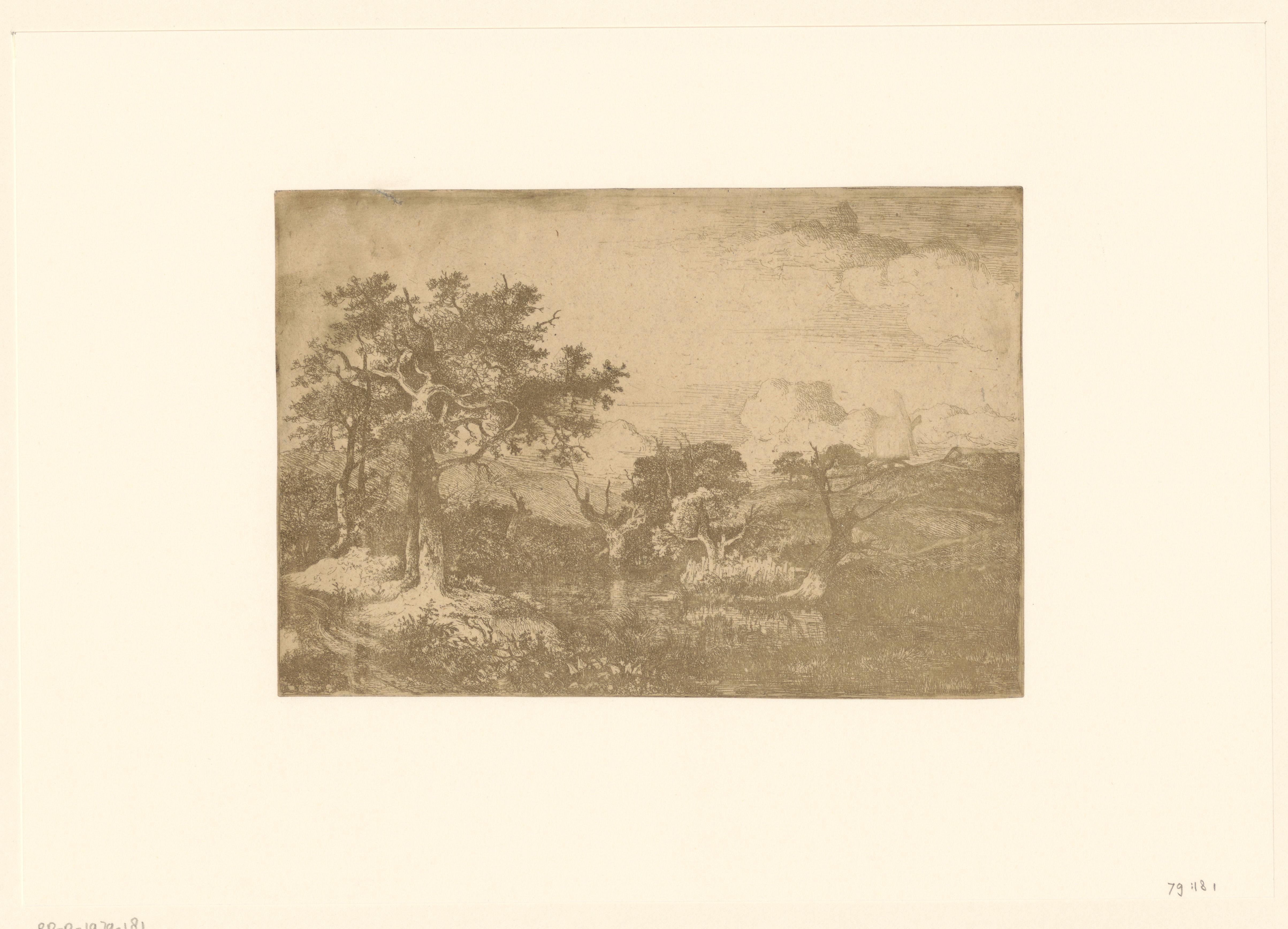 Heuvelachtig landschap met bomen en een windmolen rondom een poel bij Deopham
