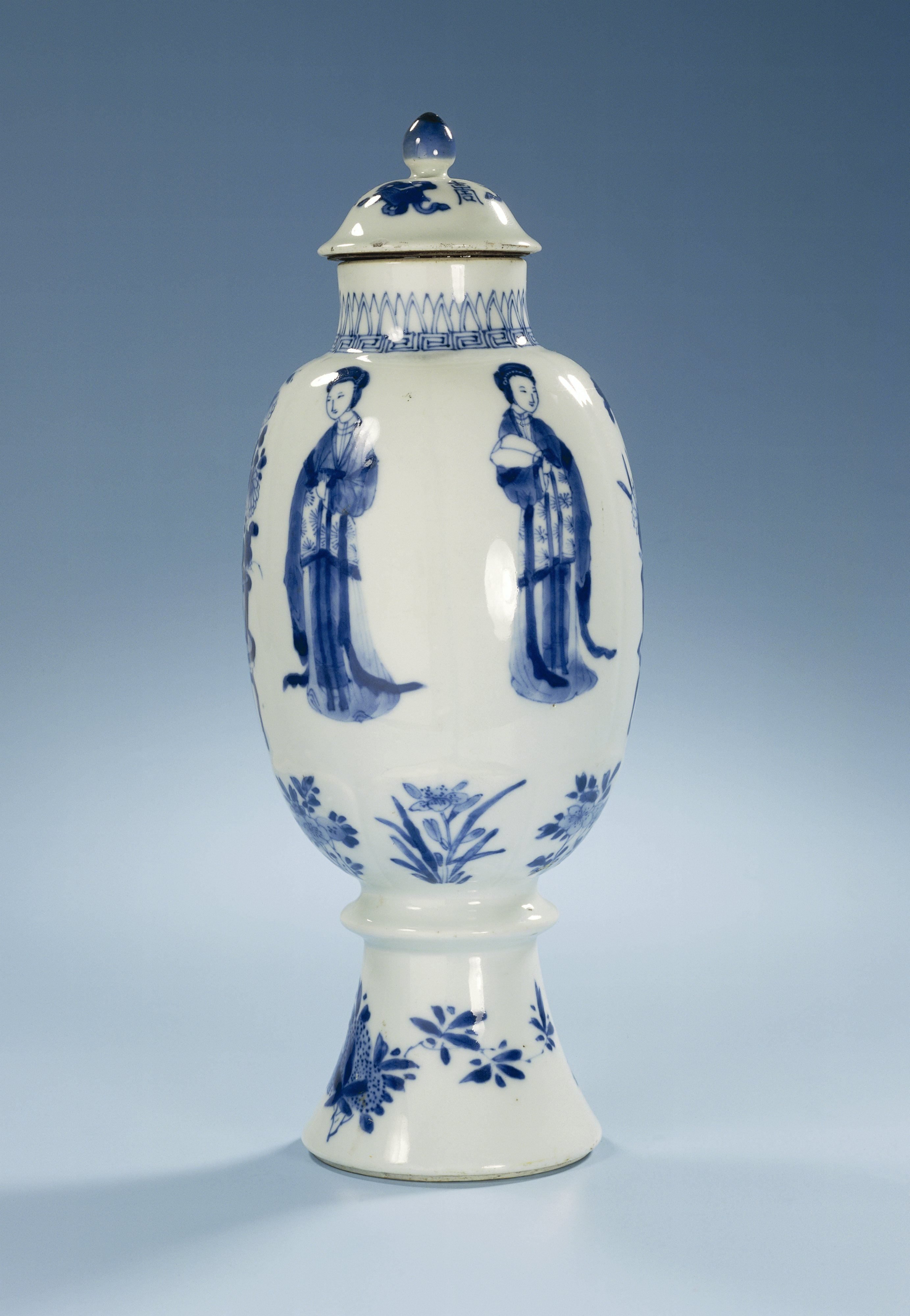 Ovoid covered vase with women, flower sprays and vases