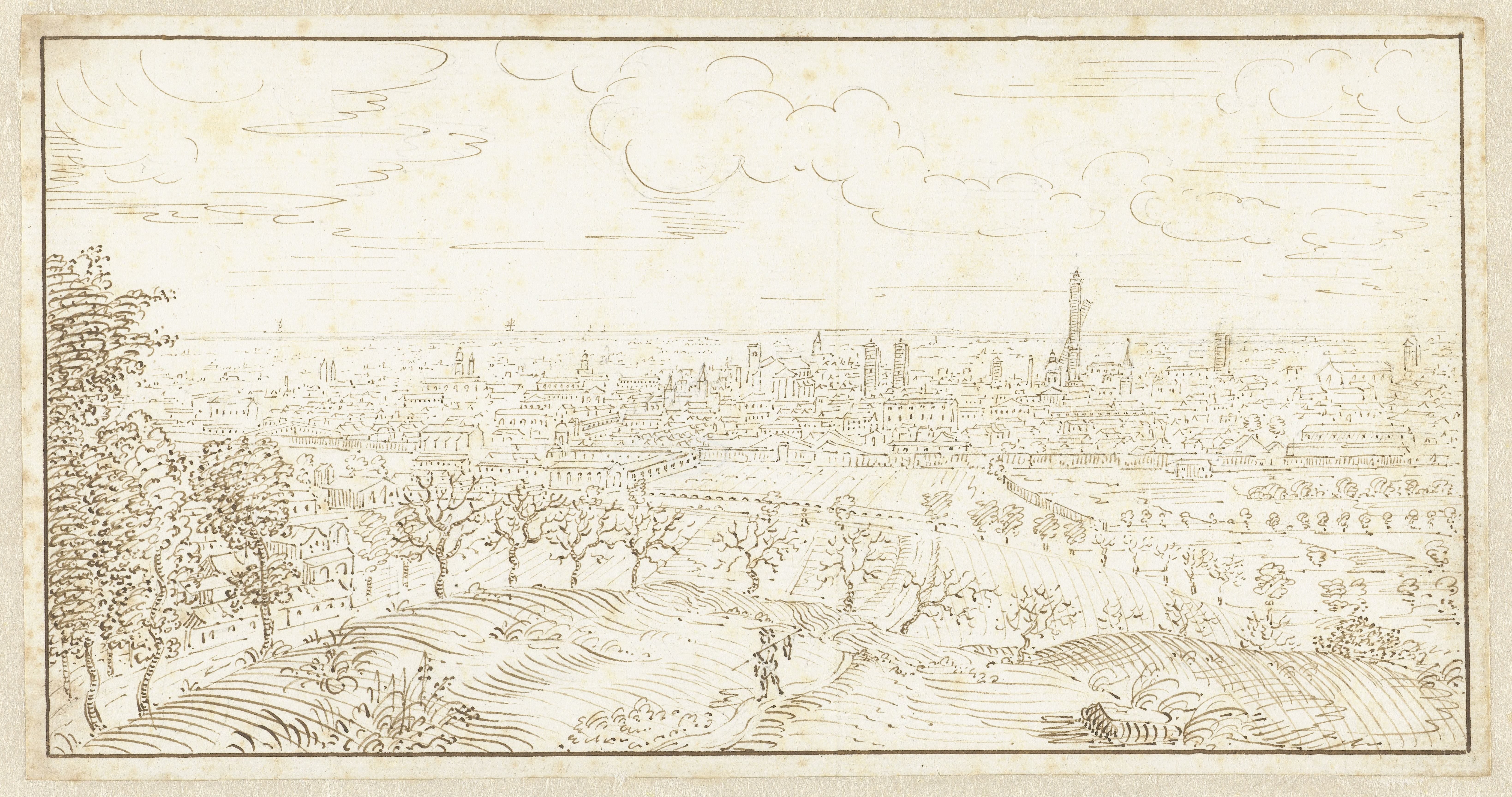 Gezicht vanaf een heuvel over een rij bomen op een stad