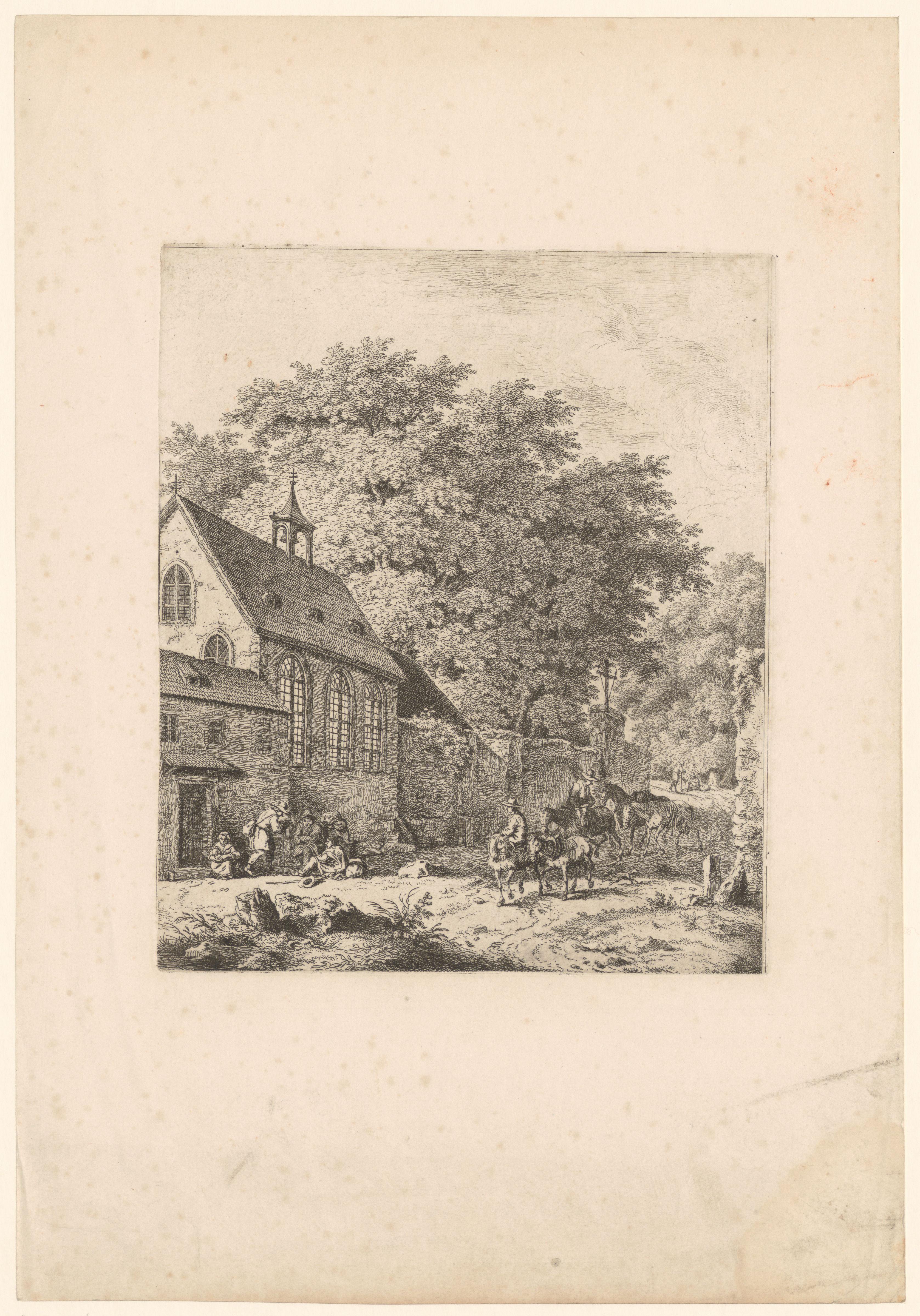 Landschap met kerkgebouw en pad met reizigers