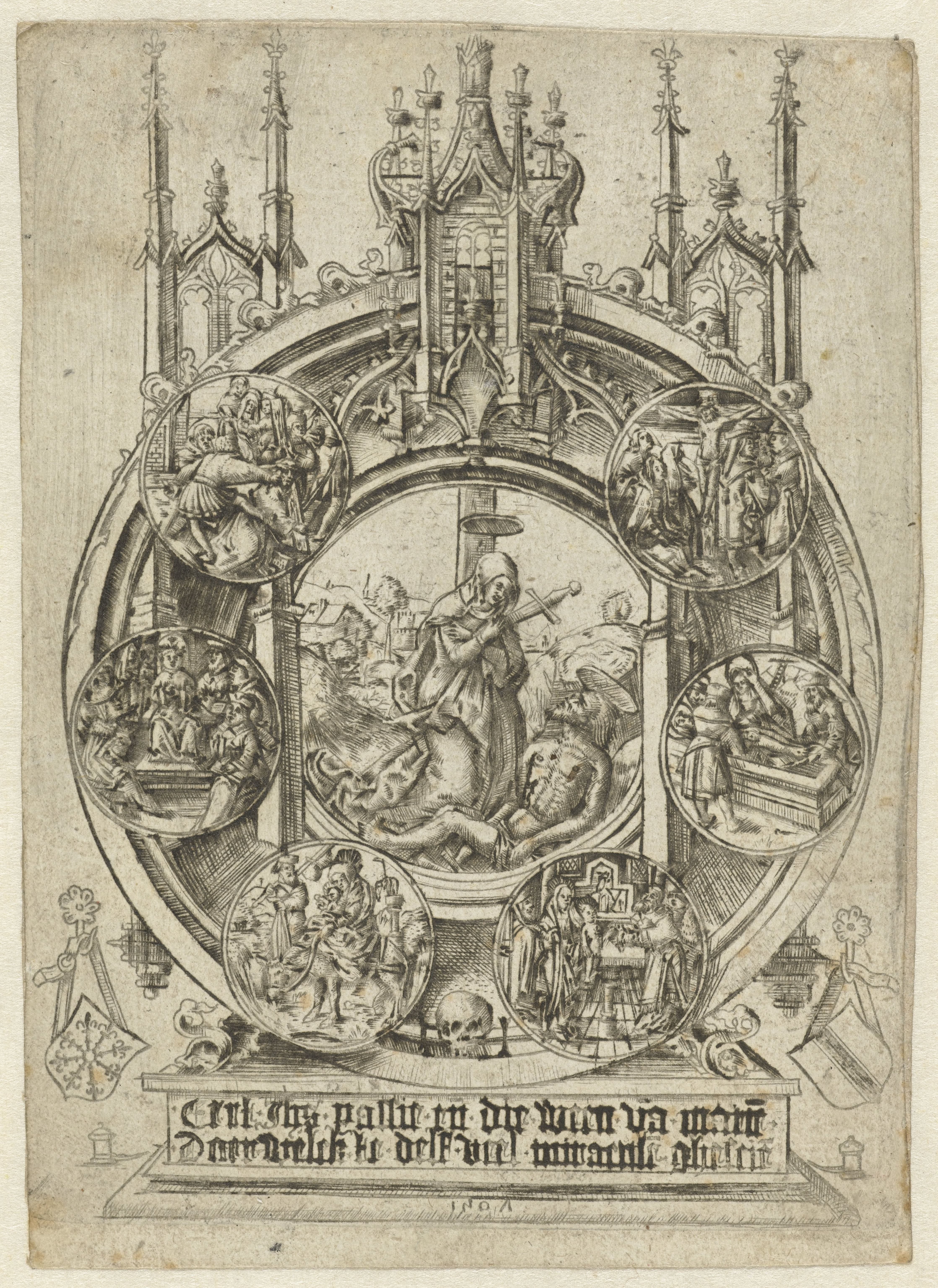 De bewening van Christus in een schrijn met zes andere voorstellingen uit het leven van Christus