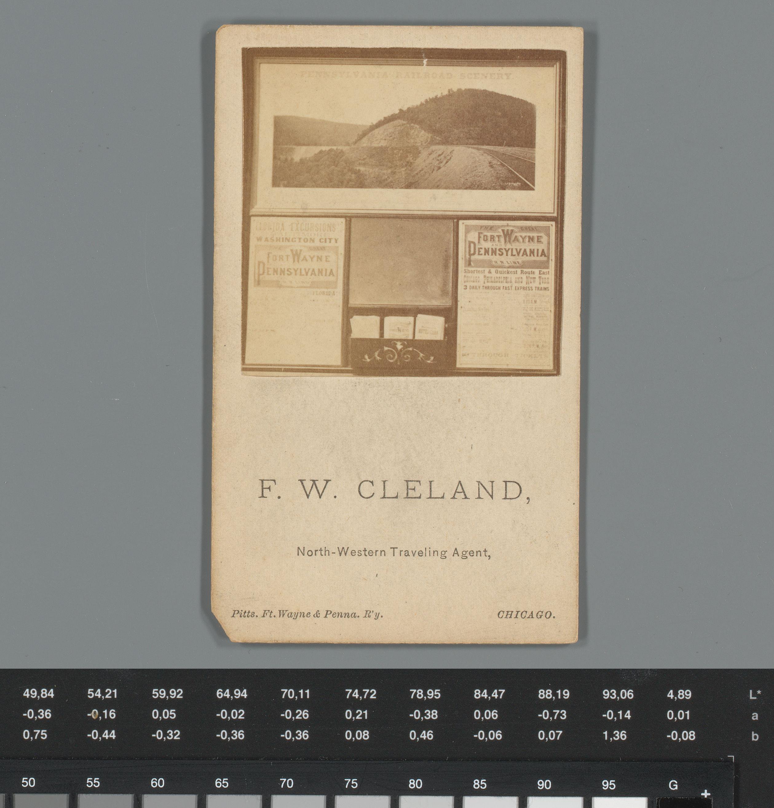 Reclame voor een reisbureau van F. W. Cleland met fotoreproductie van een advertentie met gezicht op een treinspoor in Pennsylvania