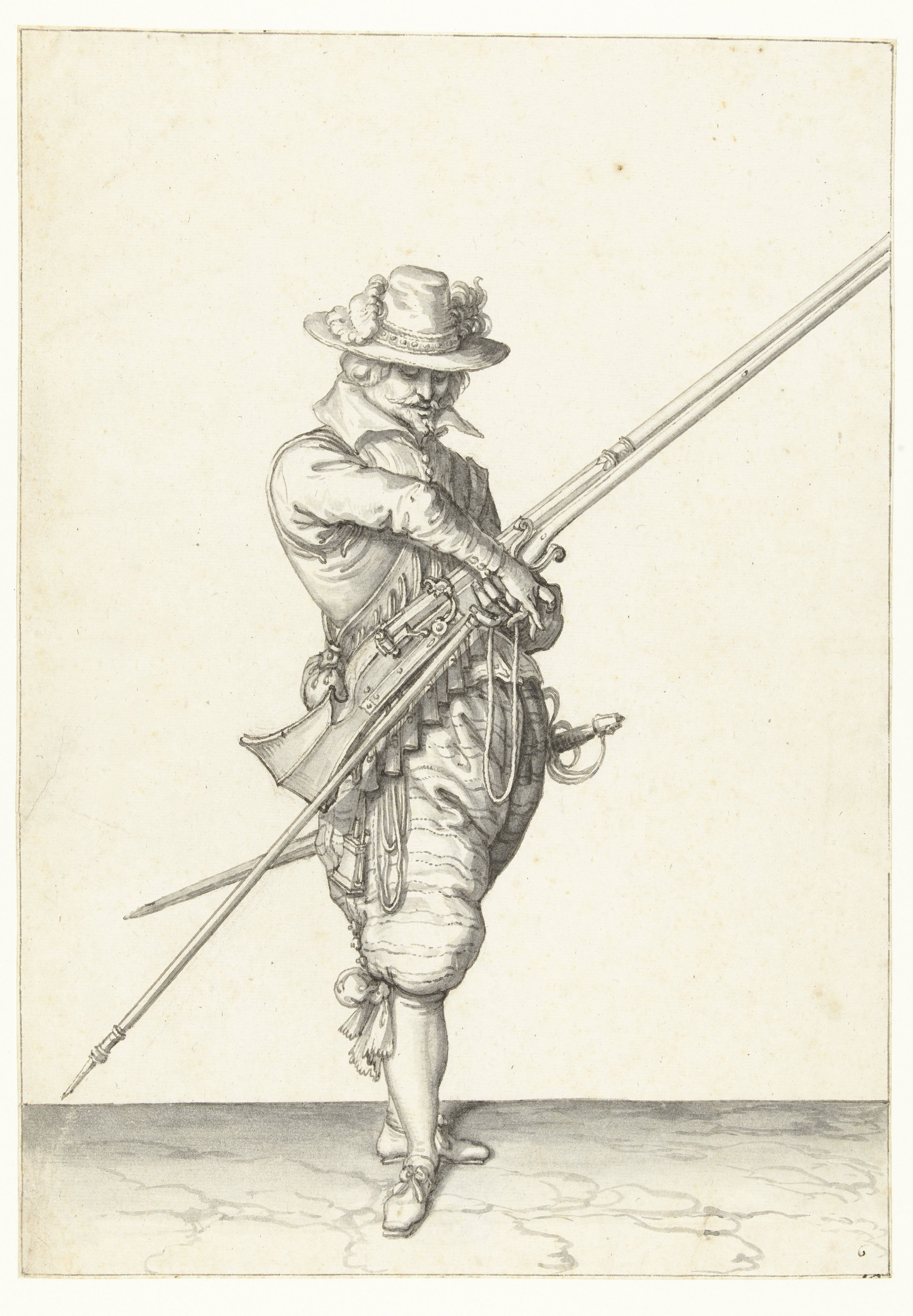 Soldaat met een musket die zijn lont pakt