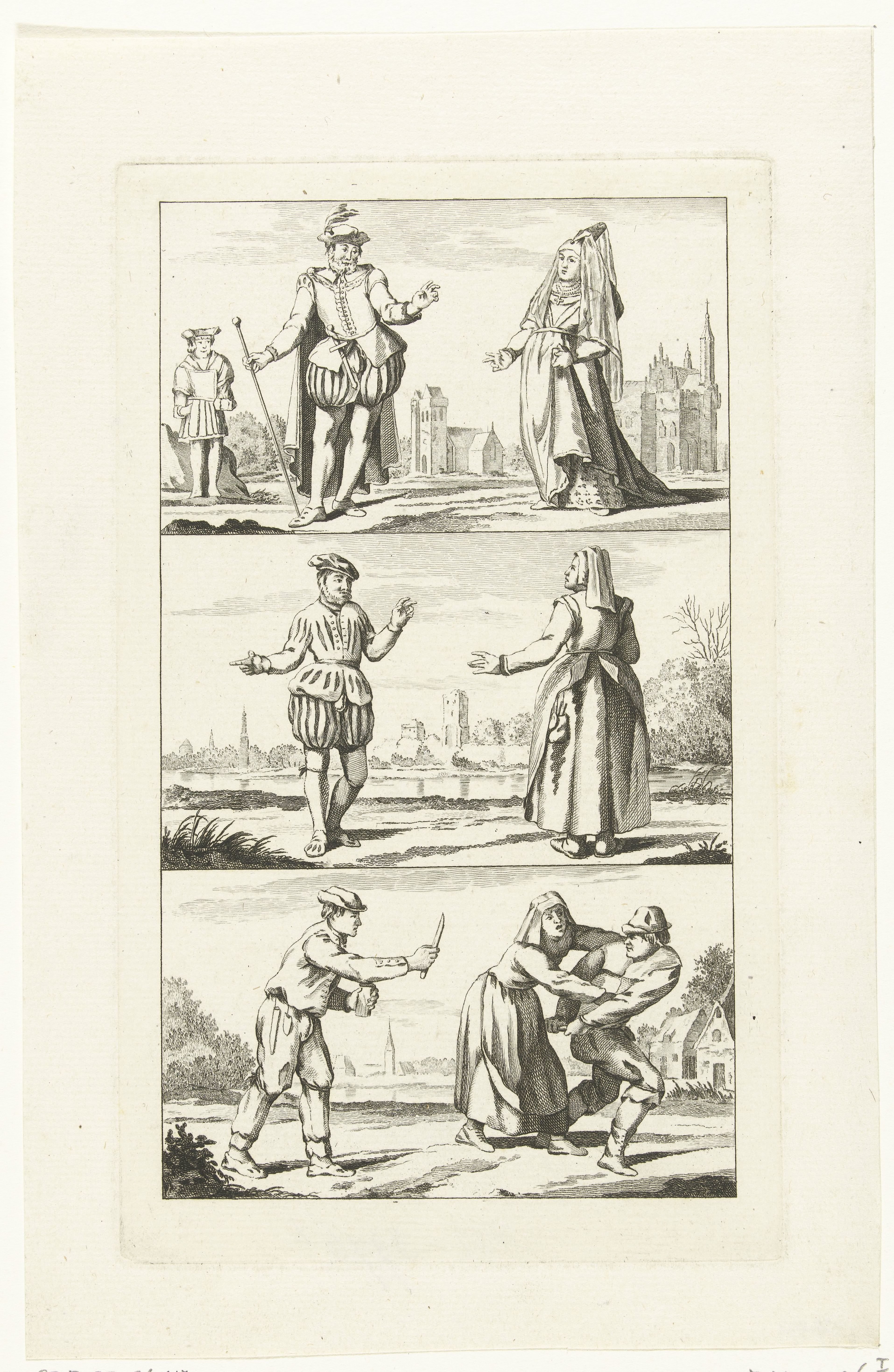 Drie landschappen met mannen en vrouwen in Hollandse klederdrachten, ca. 1775