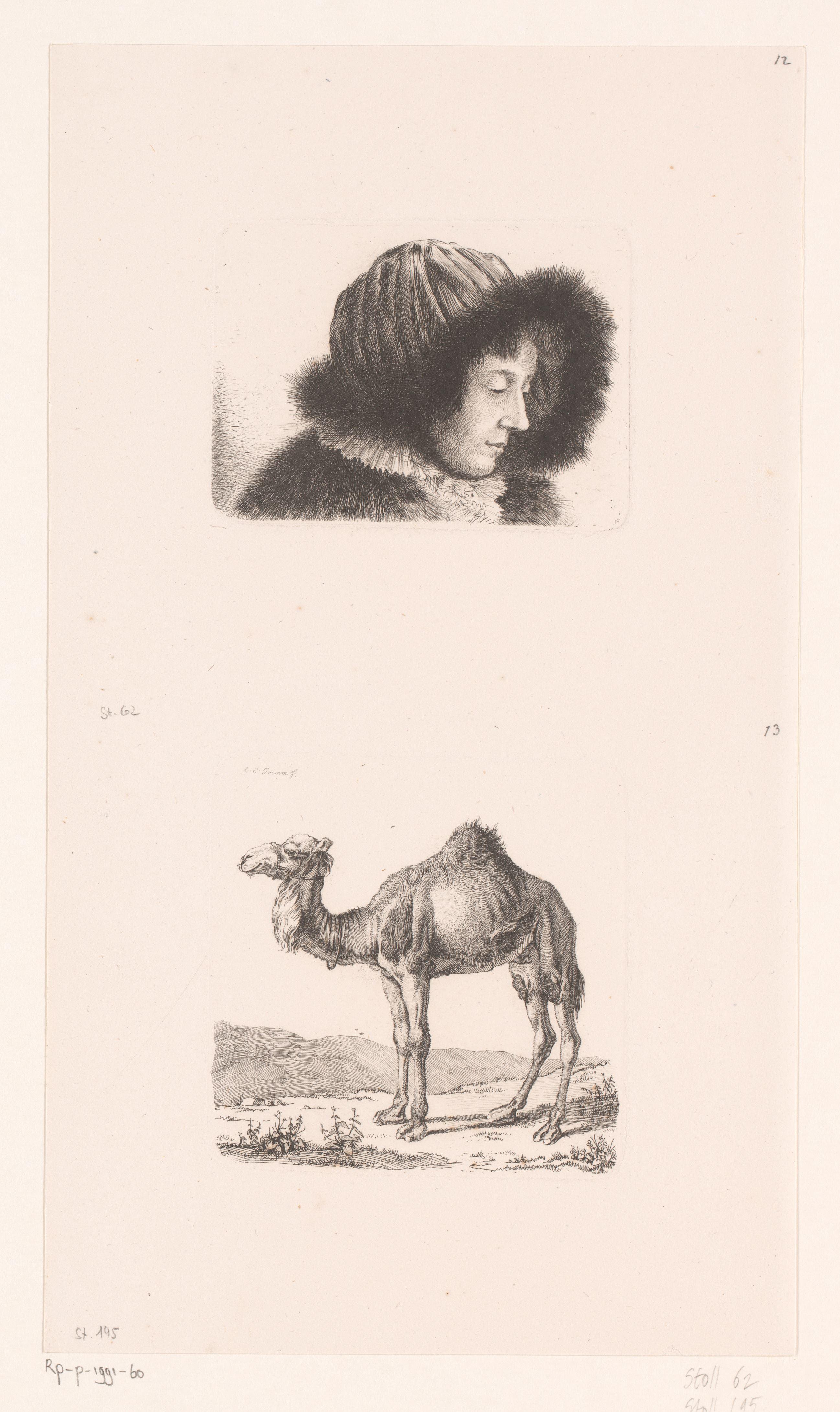 Portret van Gunda von Savigny met pelsmuts en een staande kameel