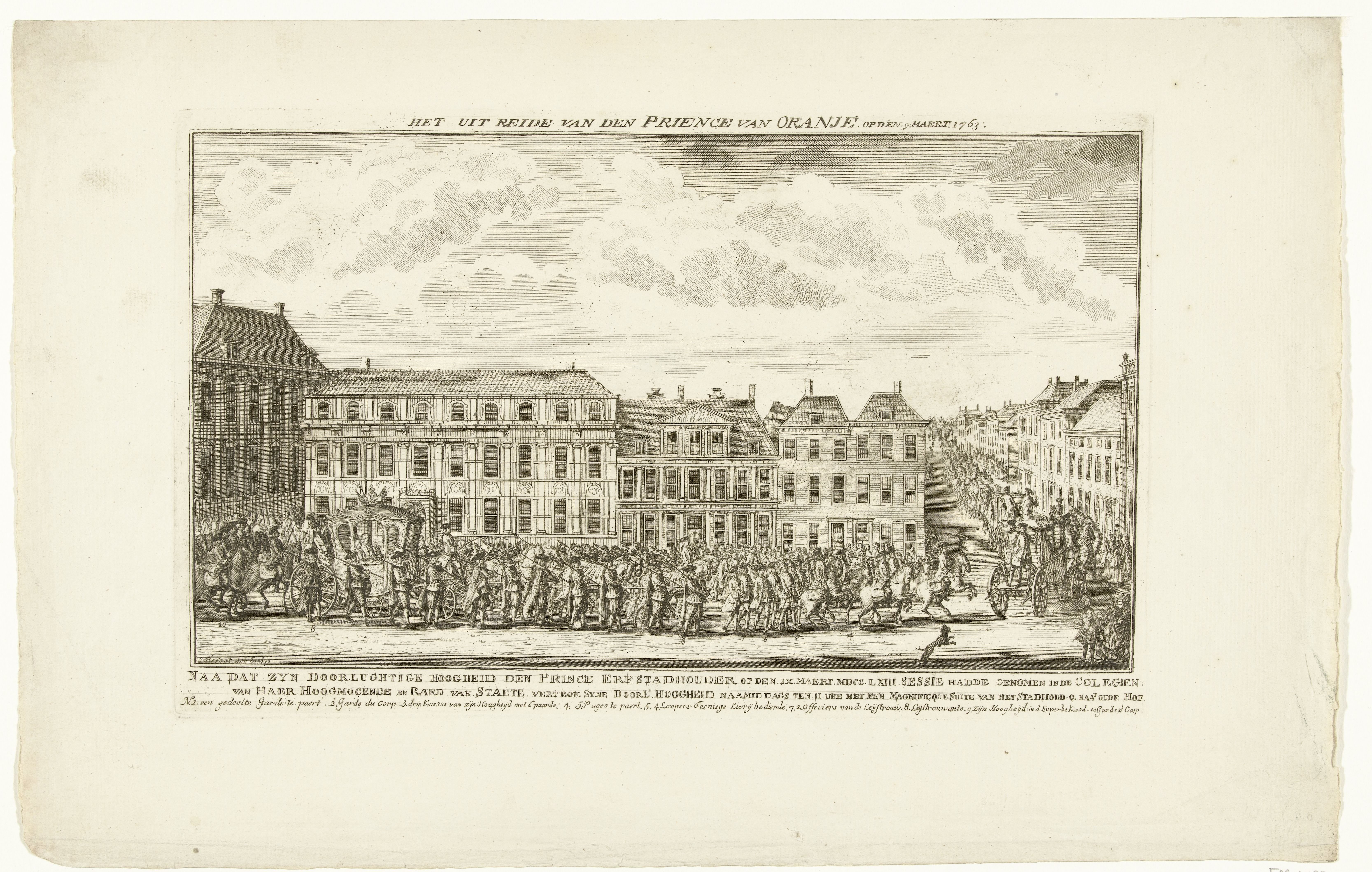 Uitrijden van de prins van Oranje na het bijwonen van een vergadering van de Staten-Generaal en de Raad van State, 1763