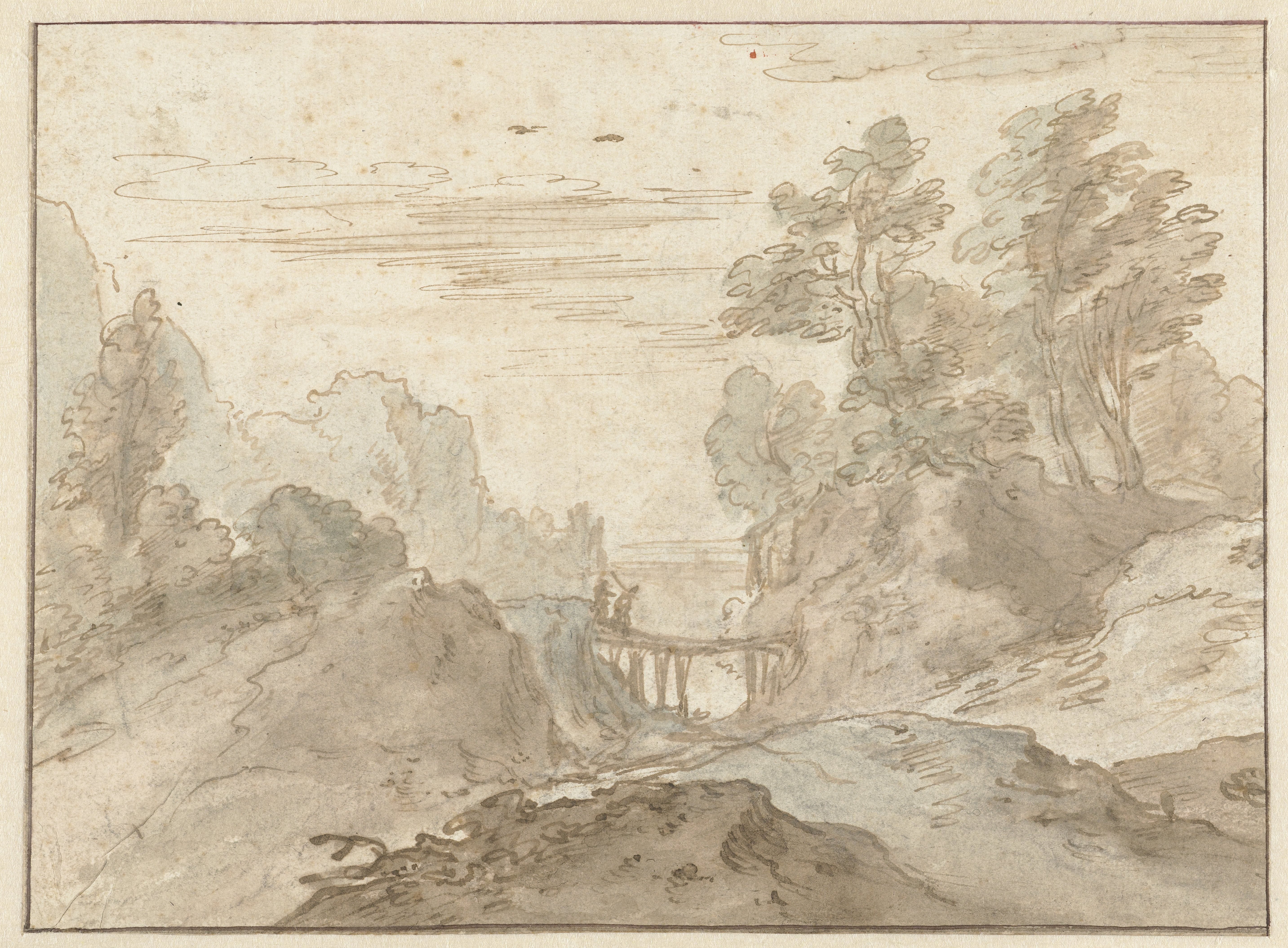 Berglandschap met twee figuren op een smalle brug