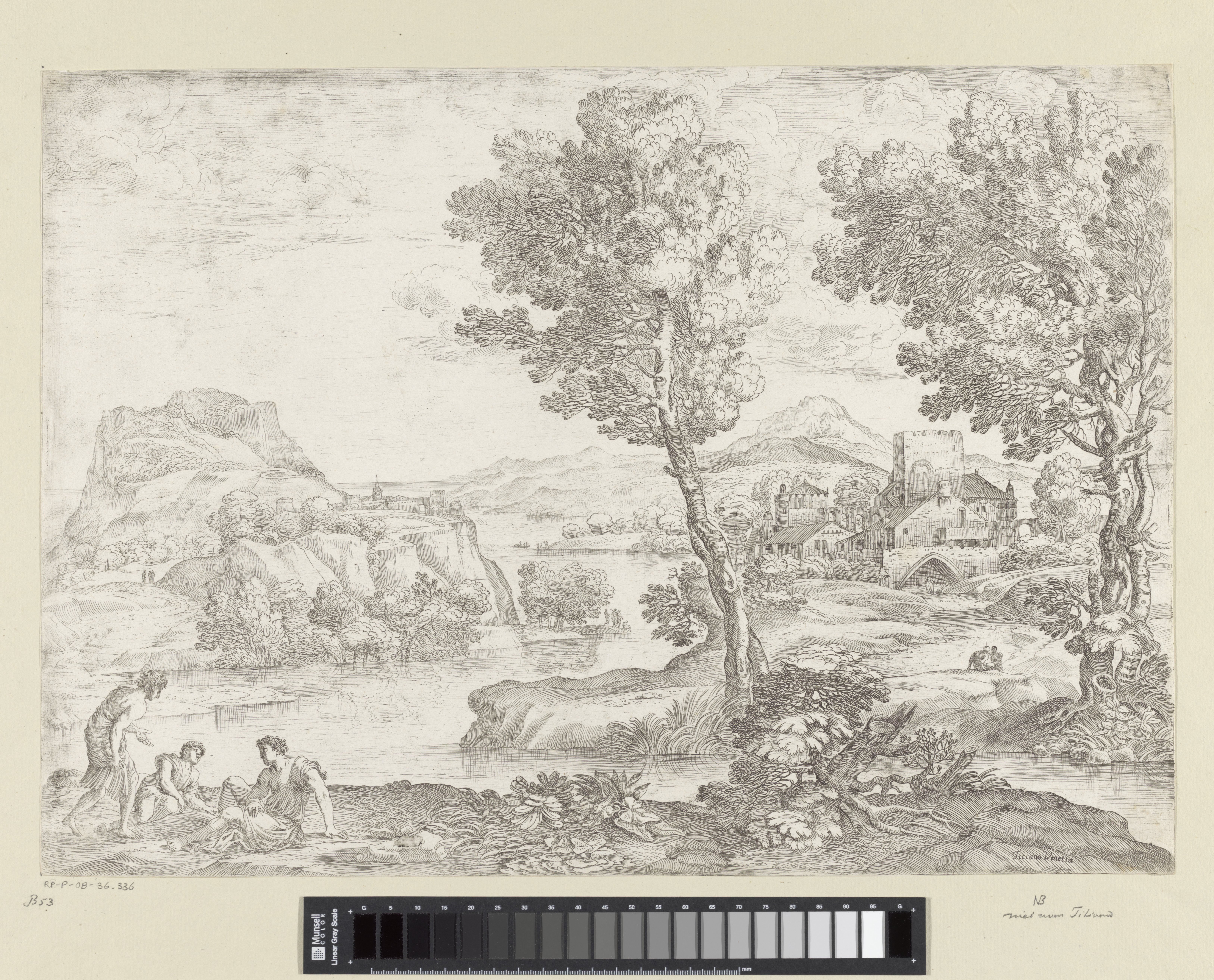 Landschap met staande man bij twee zittende mannen