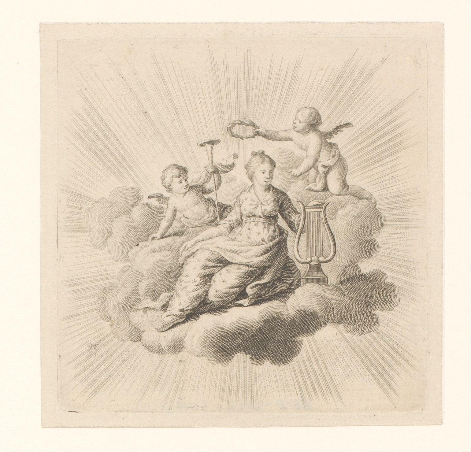 Vignet met vrouw met lier en twee putti op een wolk