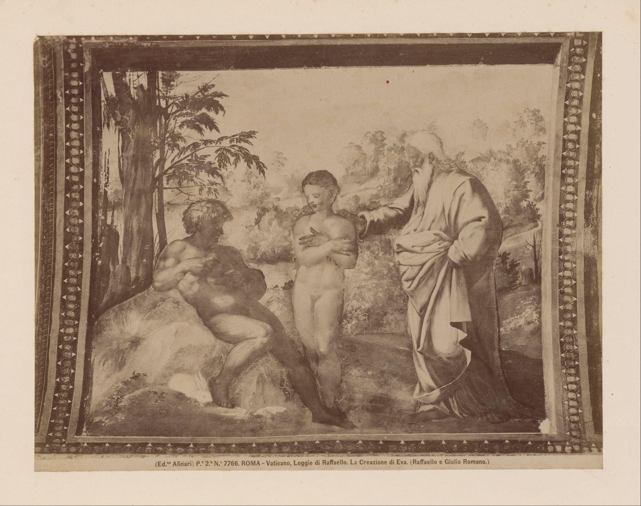 Fotoreproductie van fresco De schepping van Eva door Rafaël en Giulio Romano, Vaticaan